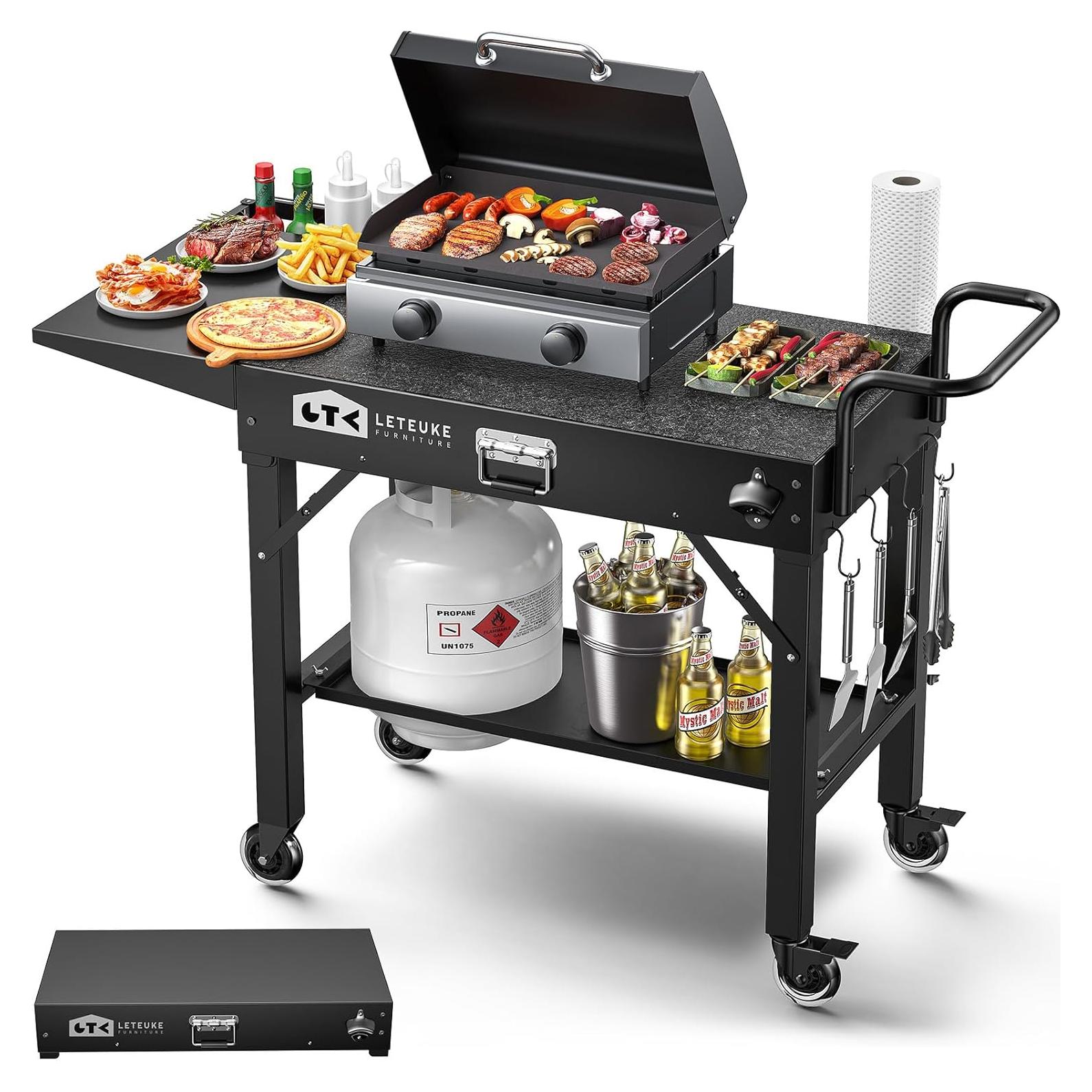 Carrito de Parrilla Plegable Leteuke Negro para BBQ 109x43cm