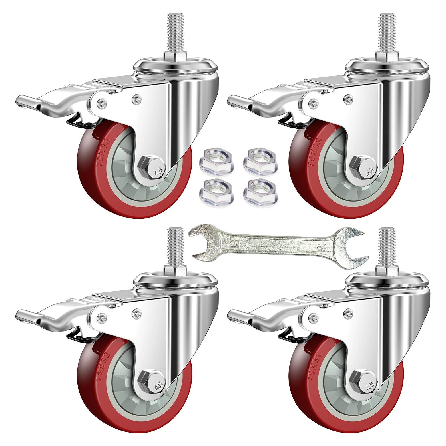 Ruedas de Casters DICASAL 3" PVC Rojo con Freno Doble Bloqueo