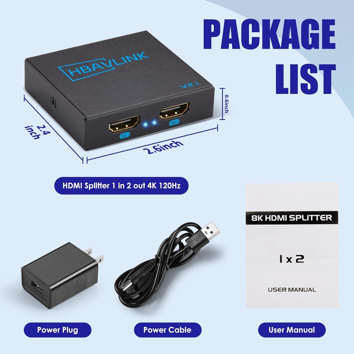 Divisor HDMI 8K 1x2 HBAVLINK 4K 120Hz HDCP 2.3