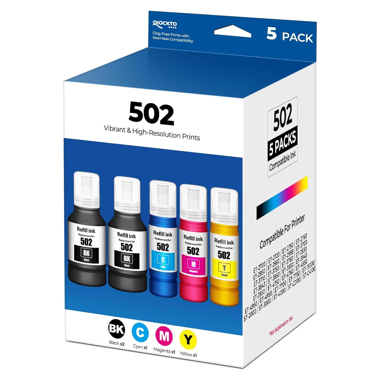 Botellas de Tinta de Recarga 502 QIOCKTO - Paquete de 5