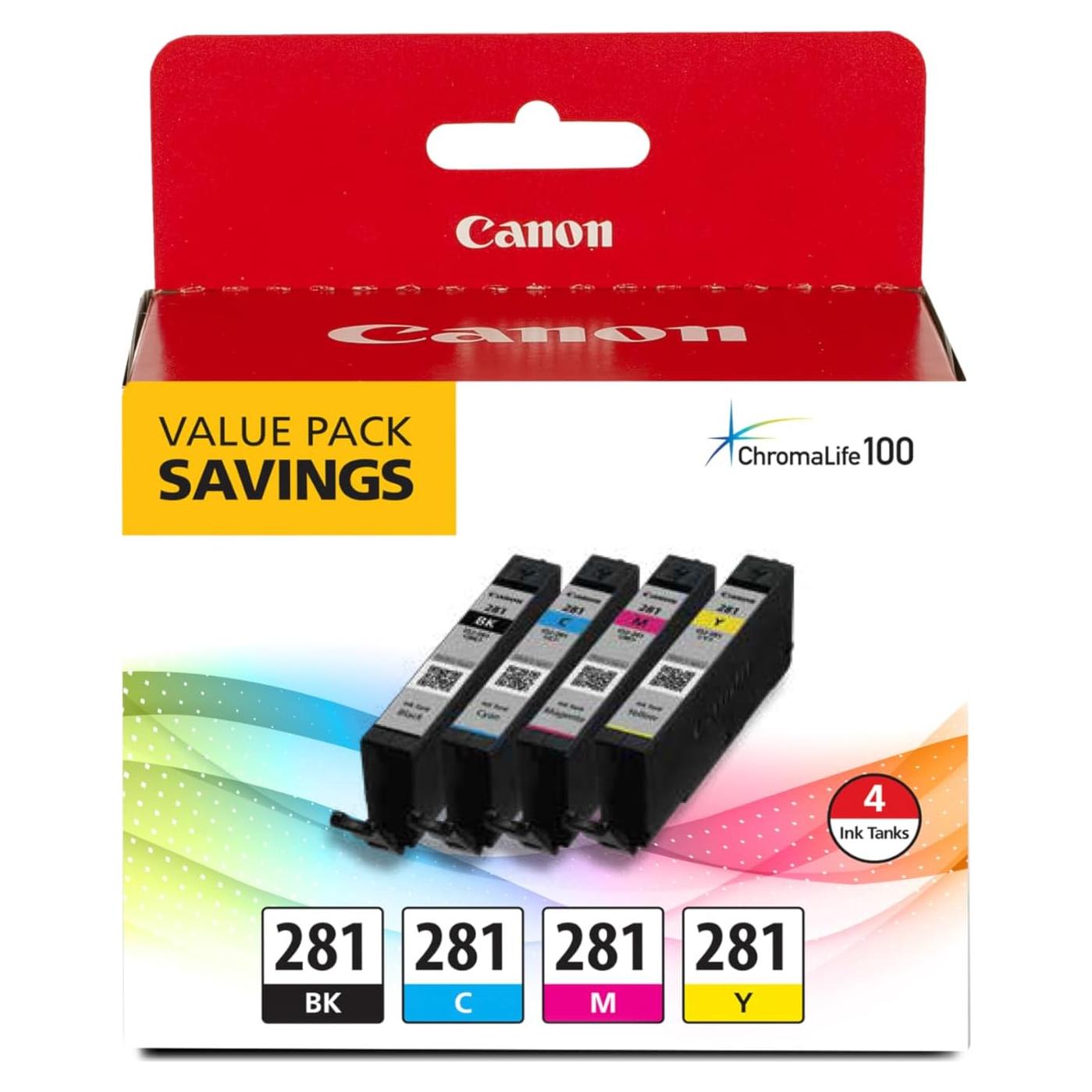 Paquete de 4 Tintas Canon CLI-281 Negro, Cian, Magenta, Amarillo