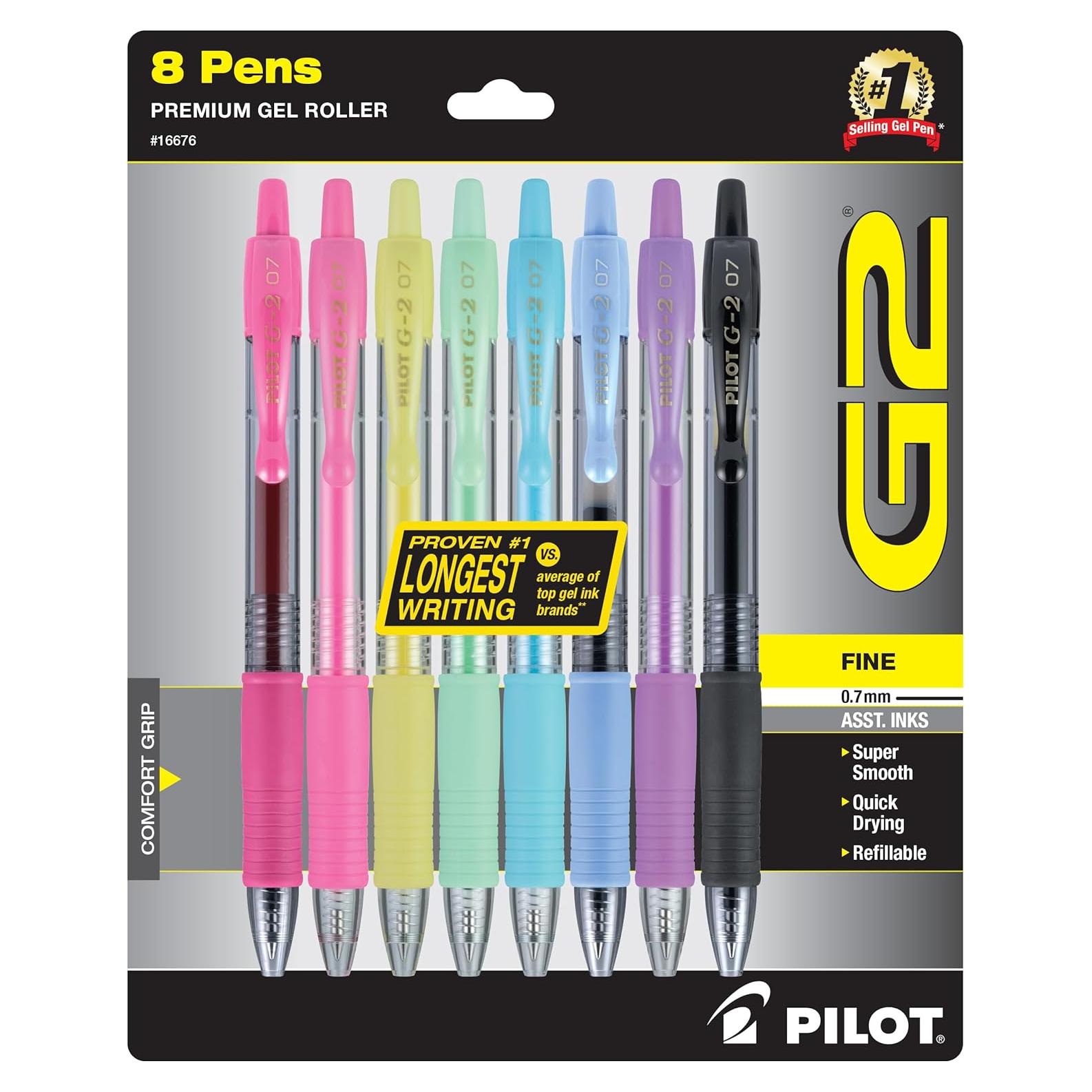 Bolígrafos de Gel Pilot G2, Punta Fina 0.7 mm, Paquete de 8 Colores