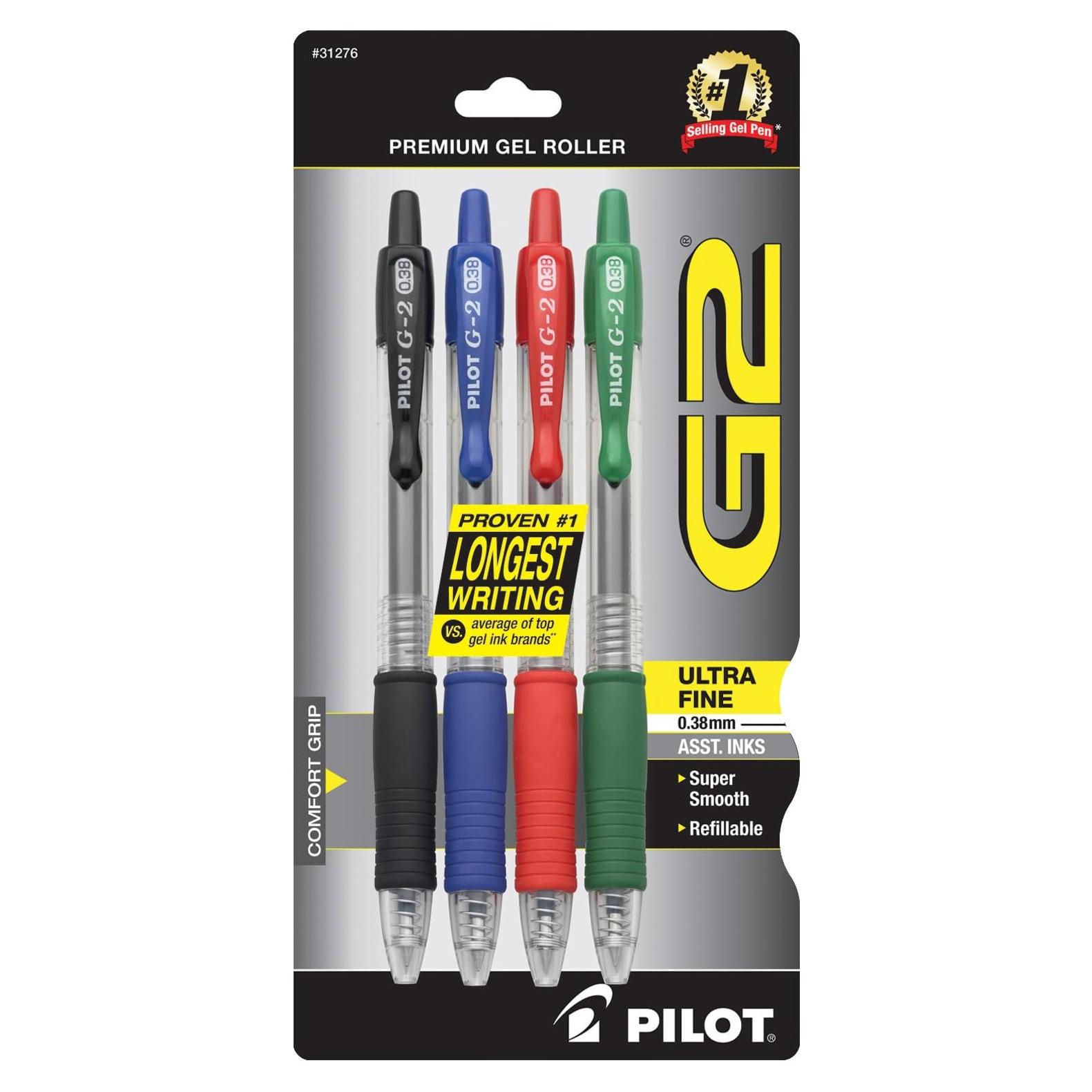 Bolígrafos de Gel Pilot G2, Punta Fina 0.38 mm, Paquete de 4