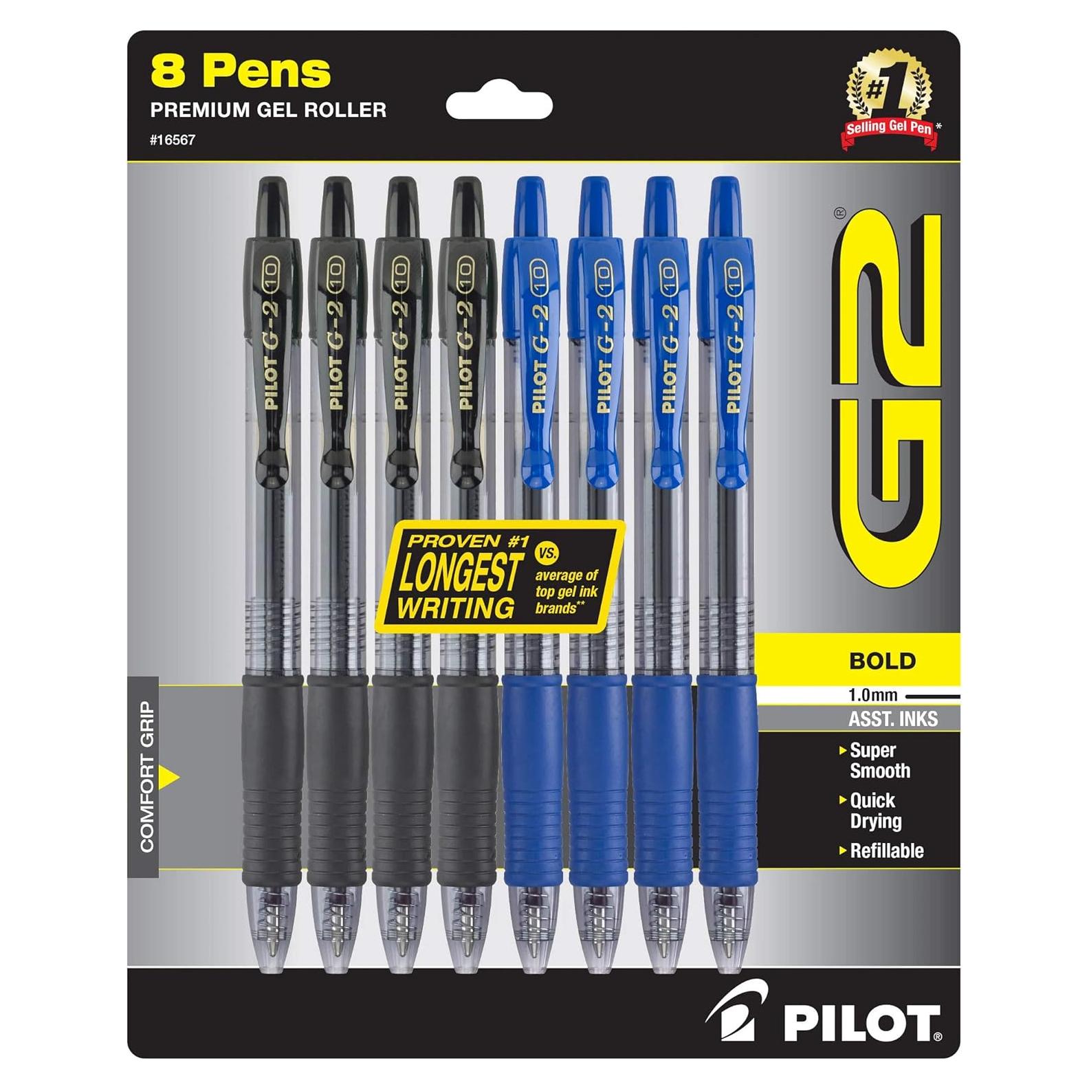 Bolígrafos de Gel Pilot G2, 1 mm, Pack de 8, Negro y Azul