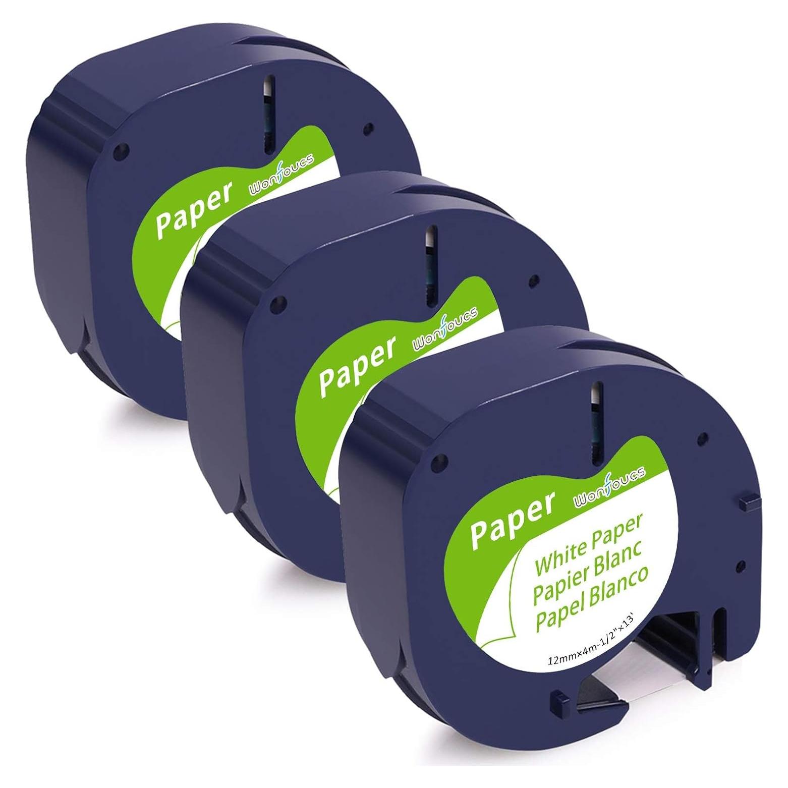 Cinta de Etiquetas de Papel Blanca 12mm x 4m Wonfoucs - Paquete de 3