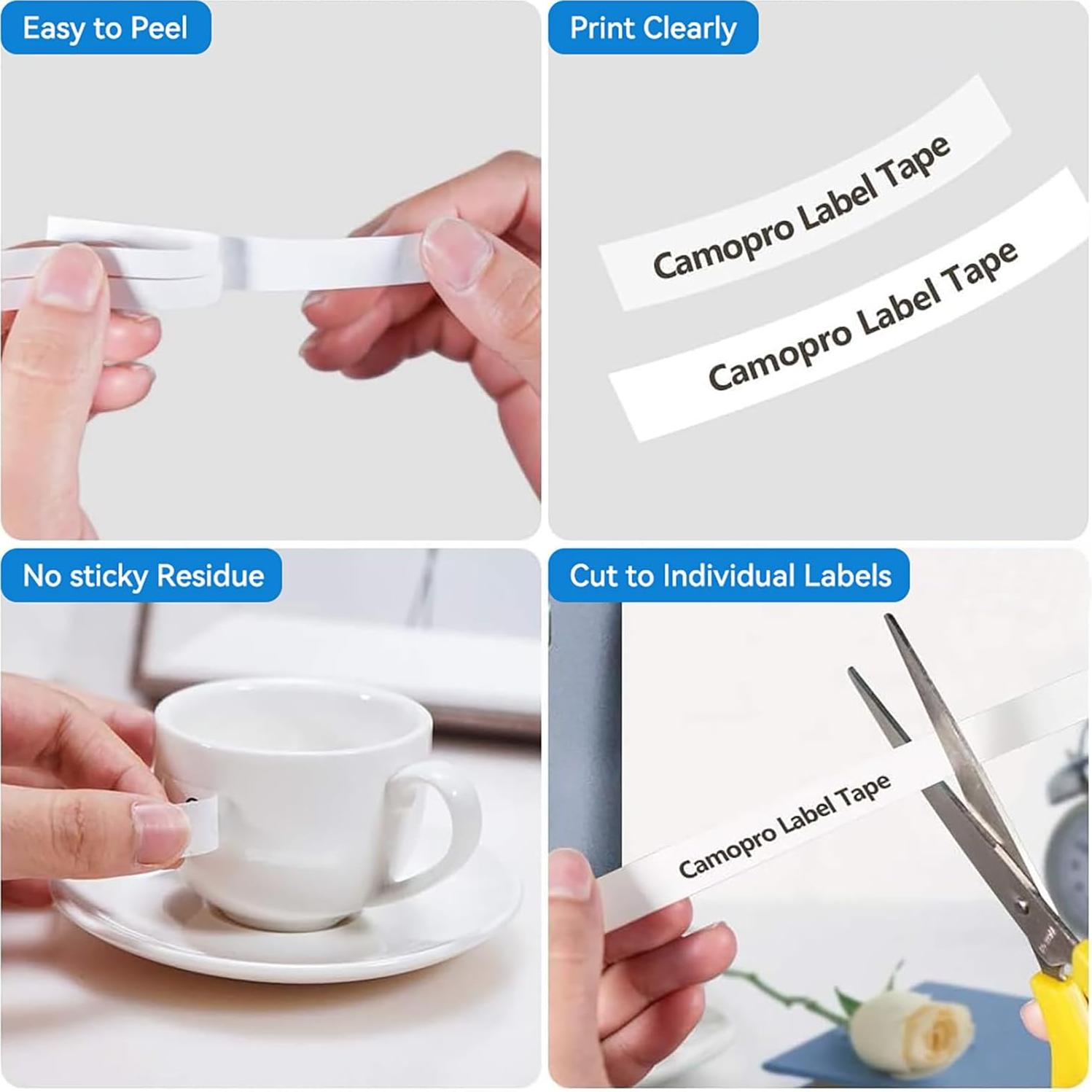 Cinta de Etiqueta Plástica Negra sobre Blanca Camopro 12mm x 4m - Paquete de 5