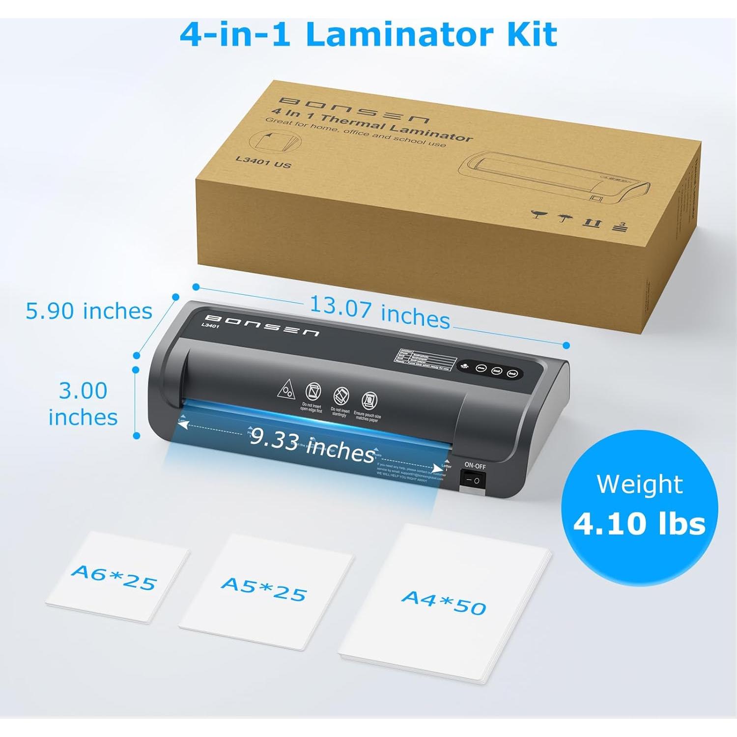 Laminadora Térmica A4 BONSEN 9.33" 4 en 1 con 100 Hojas