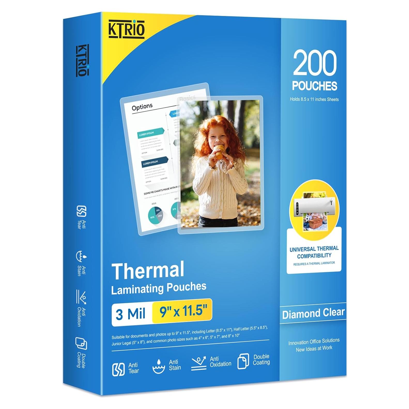 Hojas de Laminado KTRIO 3 Mil 200 Unidades 9 x 11.5 cm