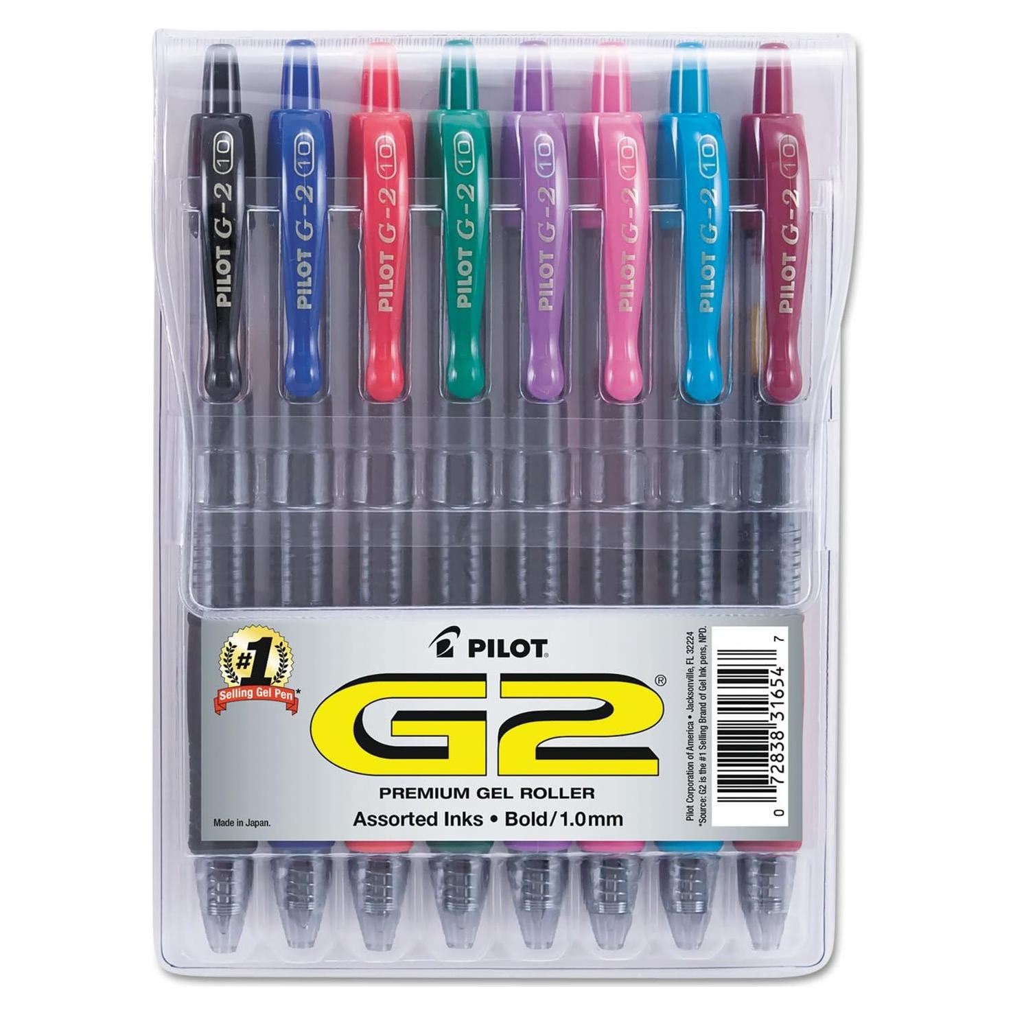 Bolígrafos de Gel Pilot G2, Punta Gruesa 1 mm, Paquete 8 Colores
