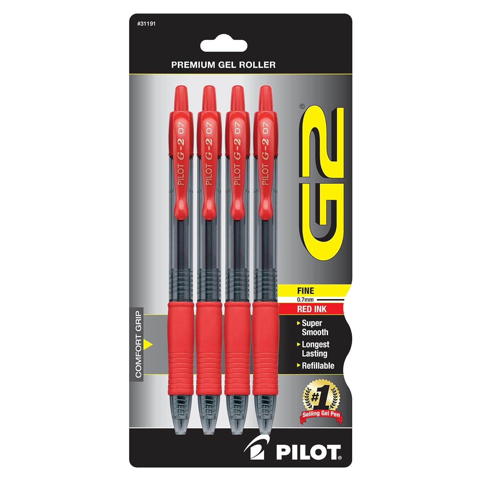 Bolígrafos de Gel Pilot G-2 Retráctiles 0.7 mm Tinta Roja Paquete 4