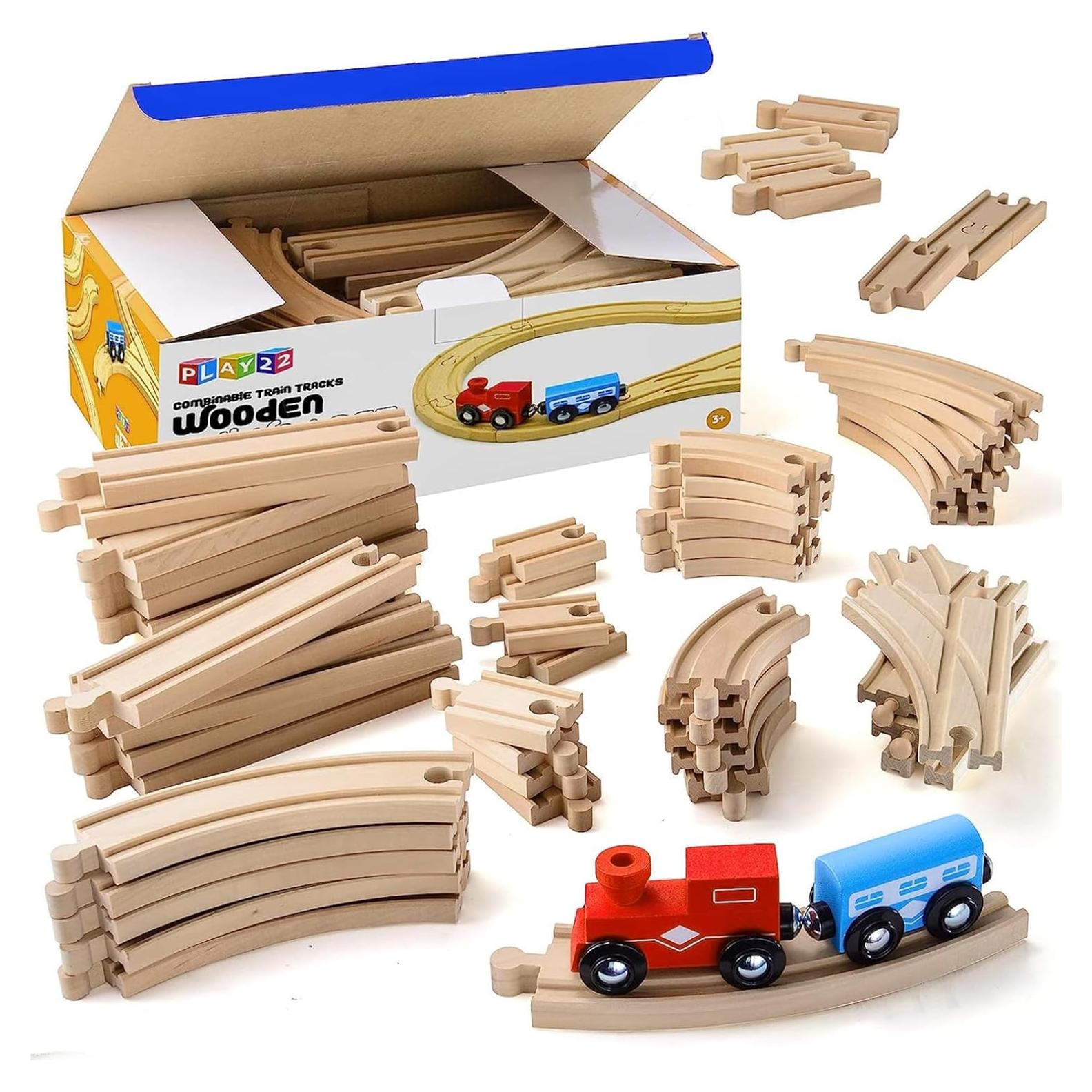 Pistas de Tren de Madera Play22 - 52 PCS + 2 Trenes - Compatible