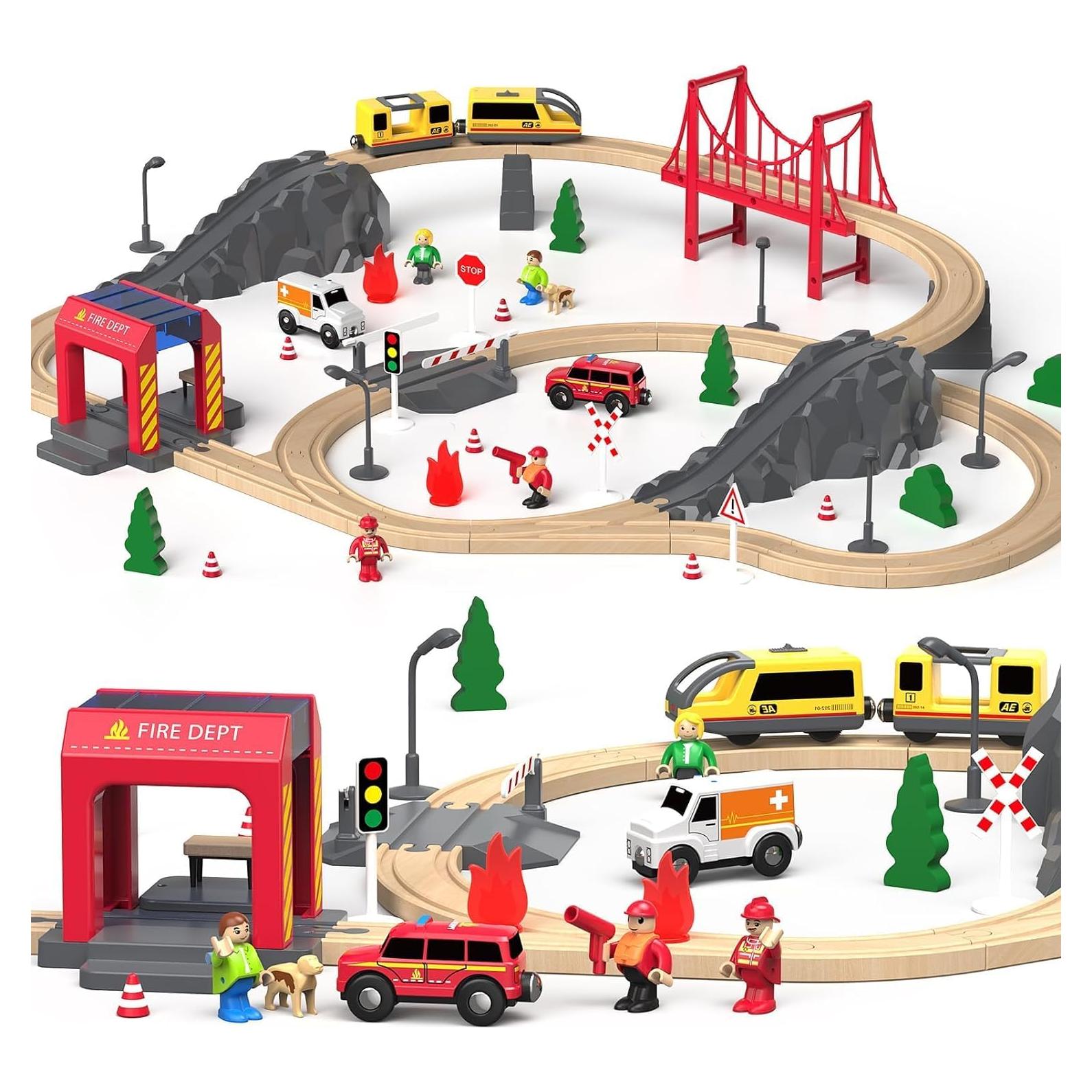 Conjunto de tren eléctrico de madera Goli Toys 72 piezas