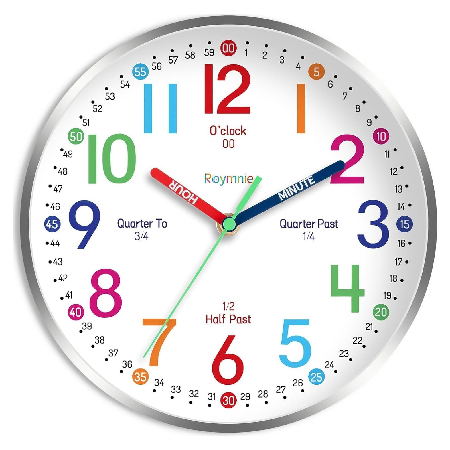 Reloj de Pared Silencioso Roymnie 30.48 cm Colorido para Niños
