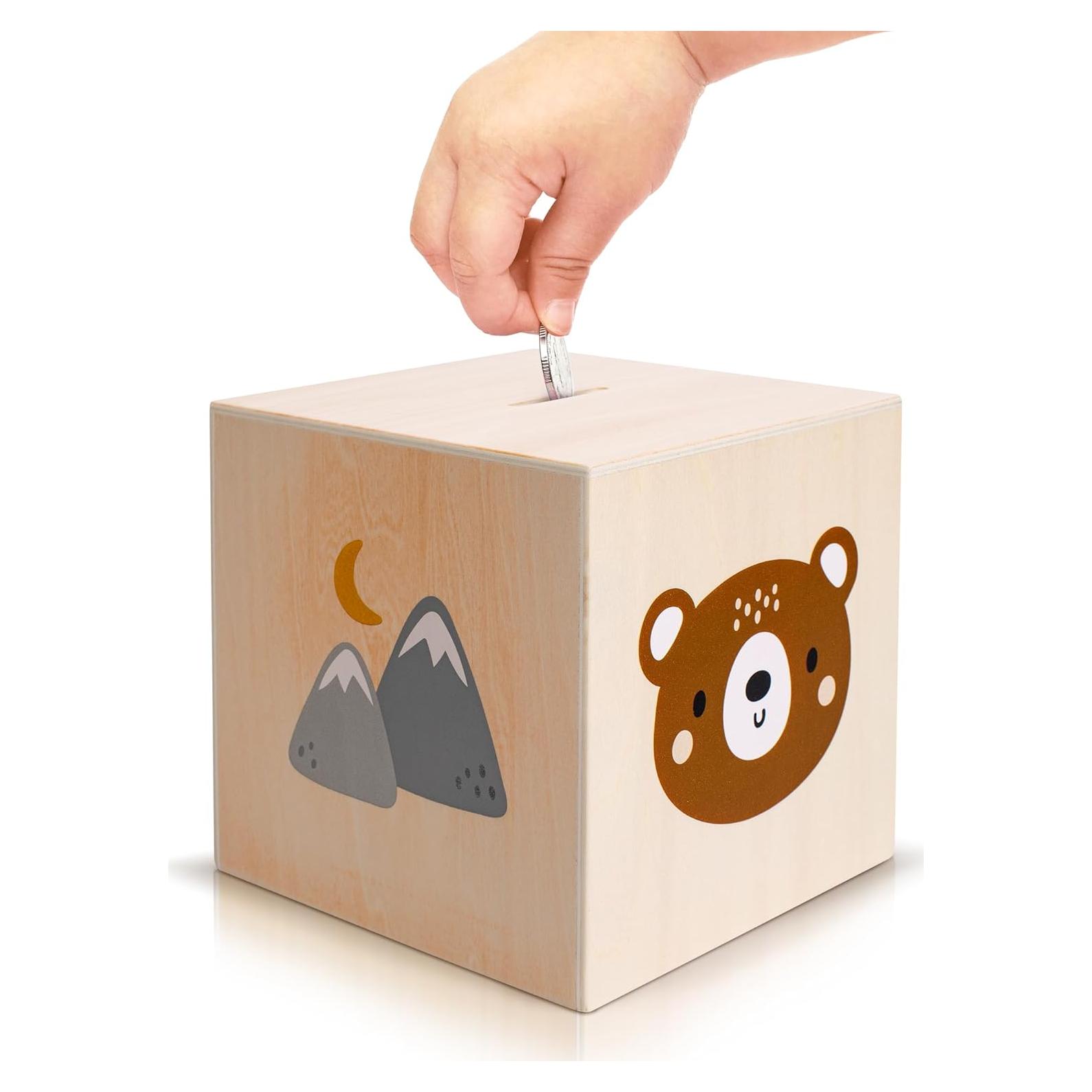 Hucha de Madera KIBAGA para Niños - 13.5 cm, Segura y Divertida