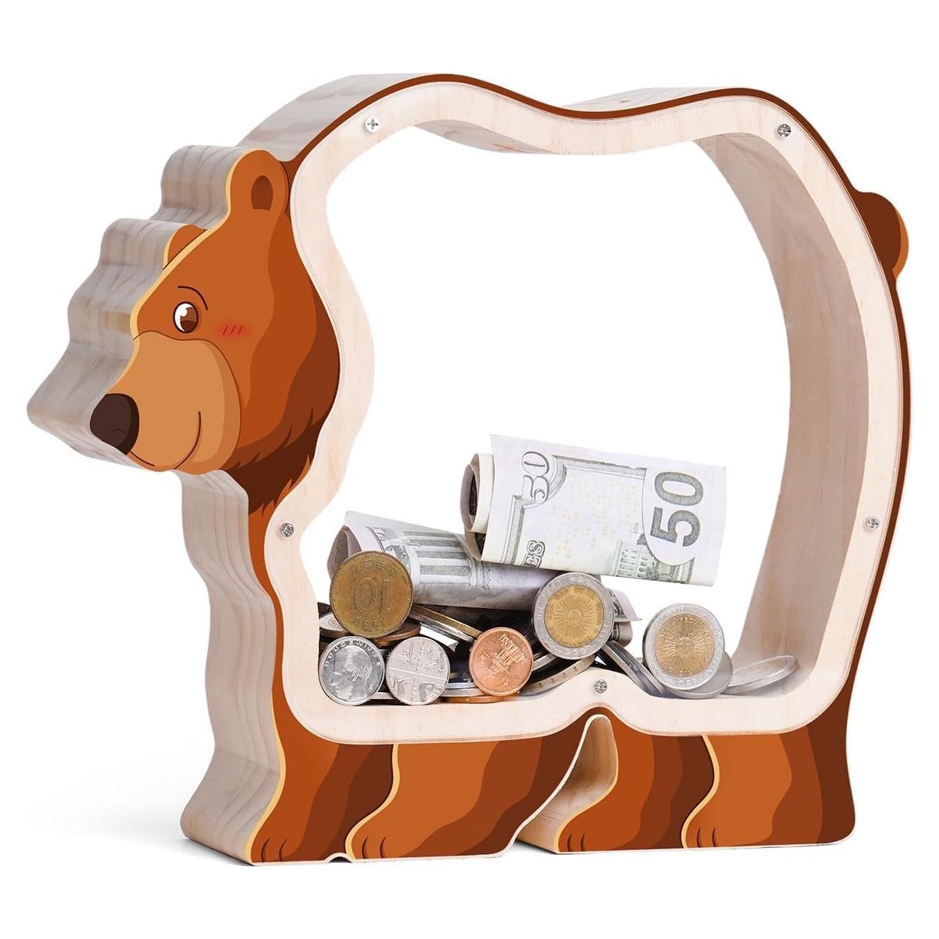 Hucha de Madera para Niños Uniwooder Oso Acrílico 23.1x20.9cm