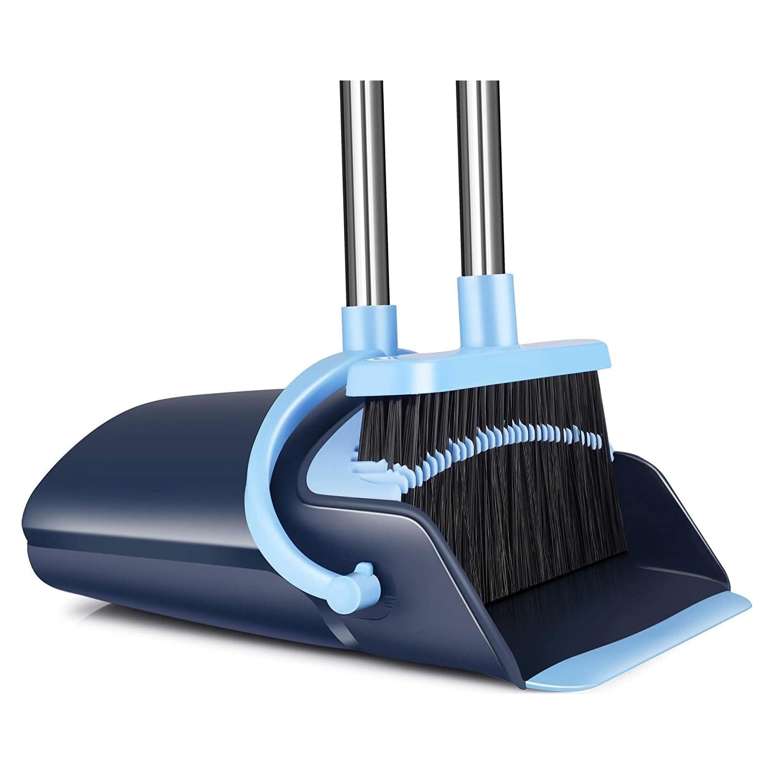 Juego de Escoba y Recogedor OLLSDIRE Azul con Mango Largo