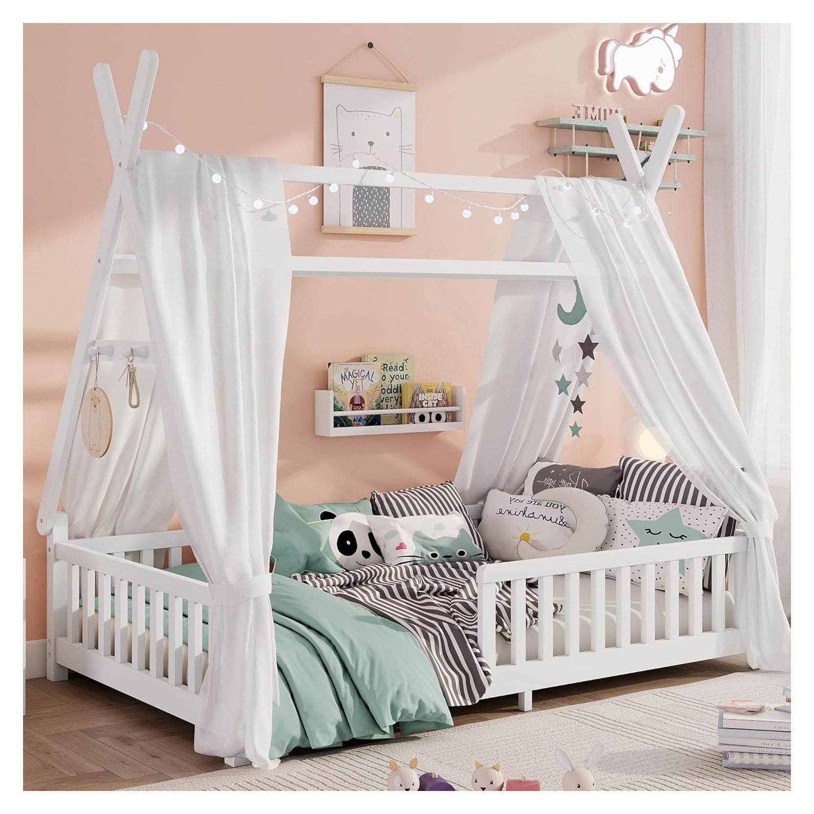 Cama Tipi Gemela MoproBeti con Luz LED y Barandillas Blanca