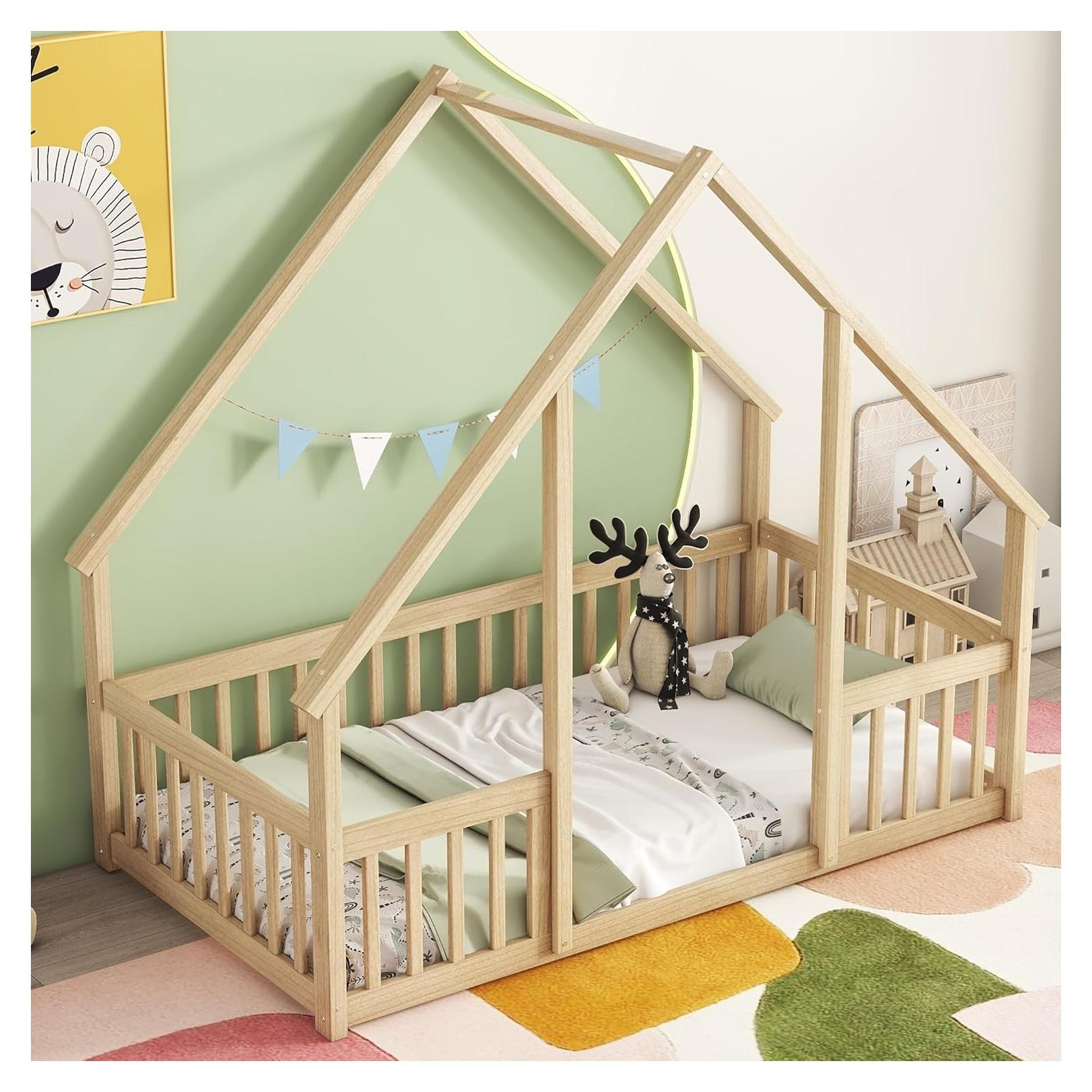 Cama Montessori Twin Mirightone de Madera Natural con Barandillas