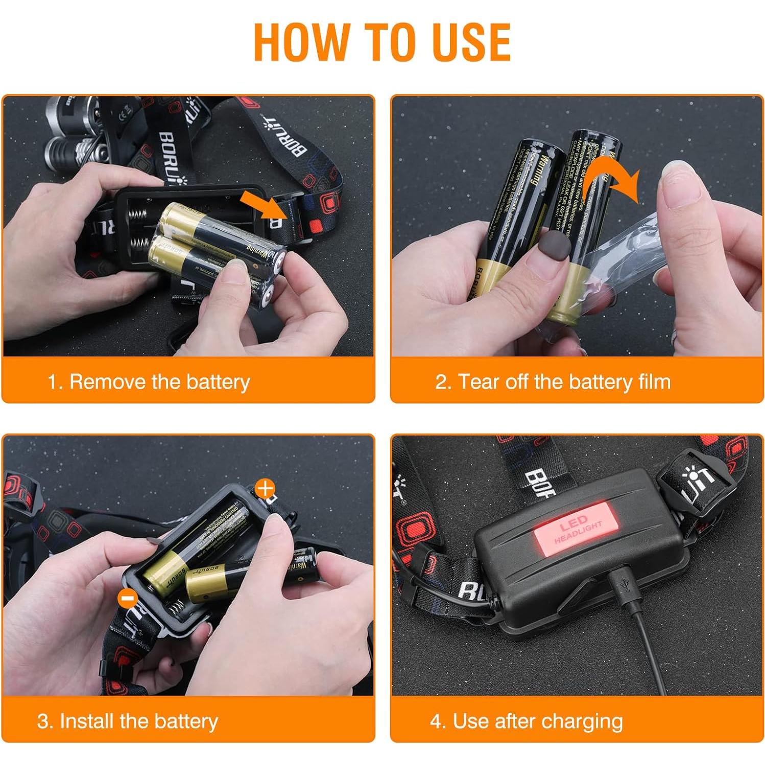 Linterna Frontal Recargable BORUIT RJ-3000 LED 4 Modos IPX5