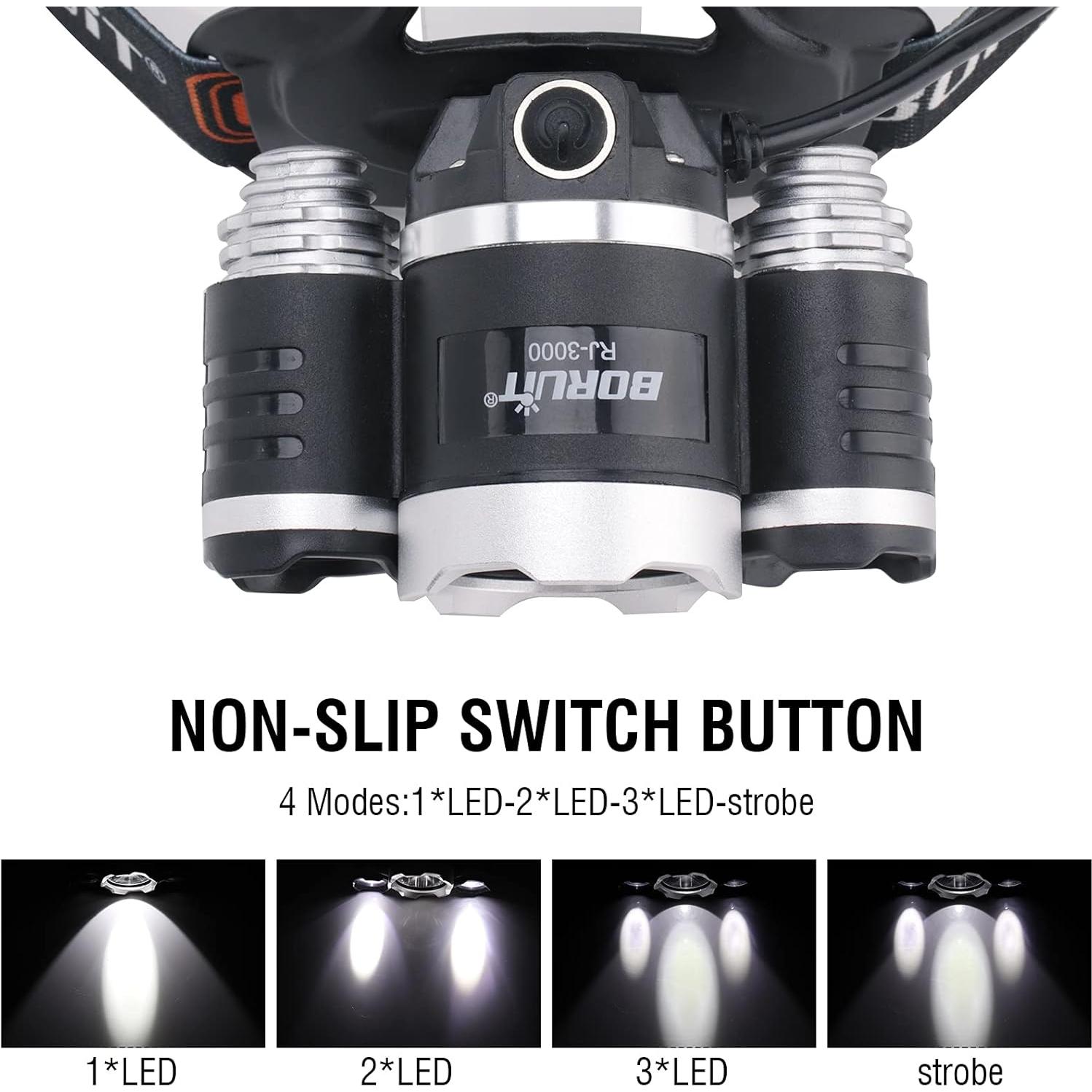 Linterna Frontal Recargable BORUIT RJ-3000 LED 4 Modos IPX5