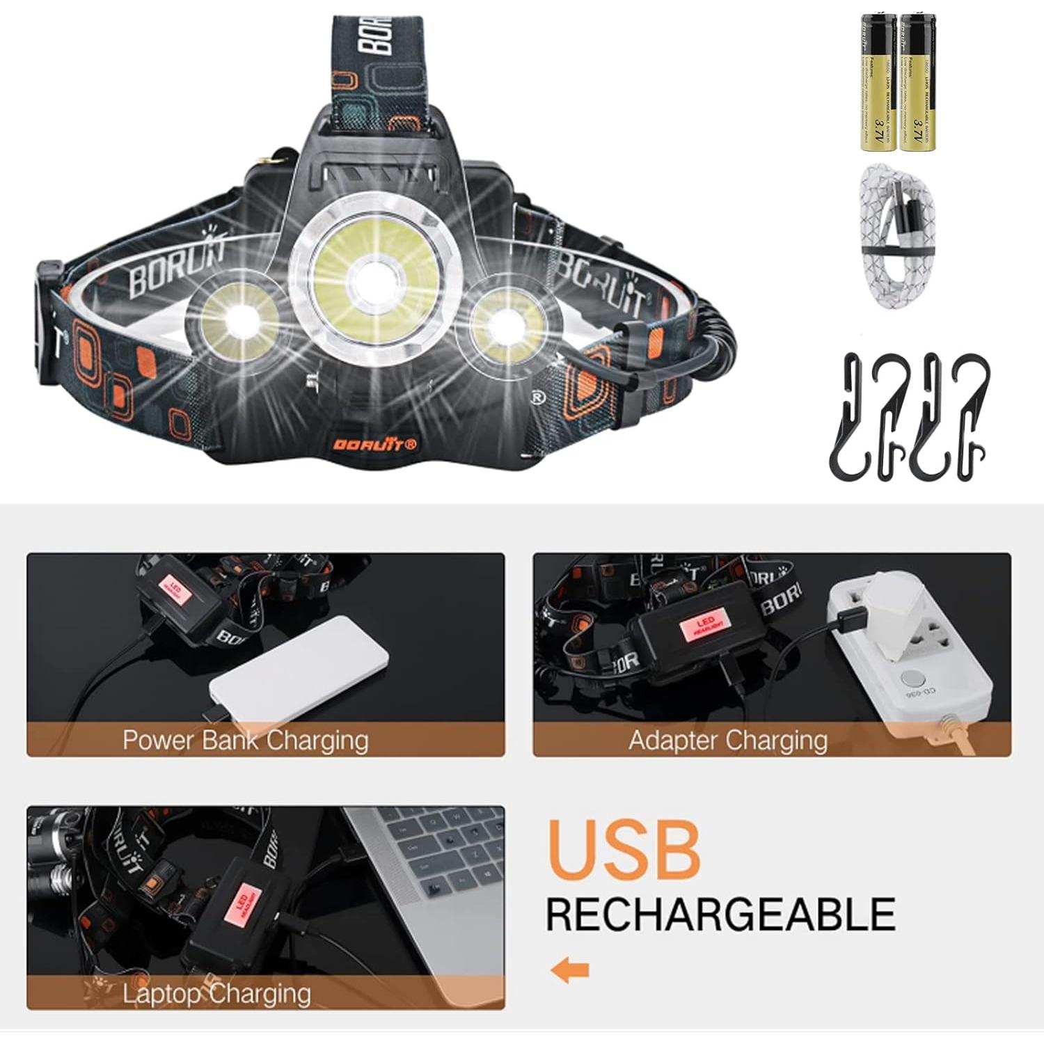 Linterna Frontal Recargable BORUIT RJ-3000 LED 4 Modos IPX5