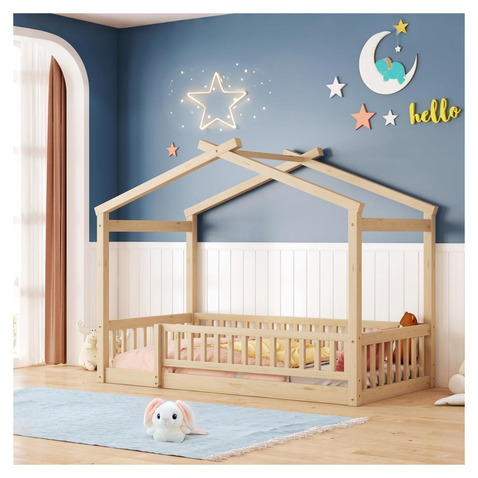 Cama Casa de Madera Twin Bellemave con Barandillas para Niños