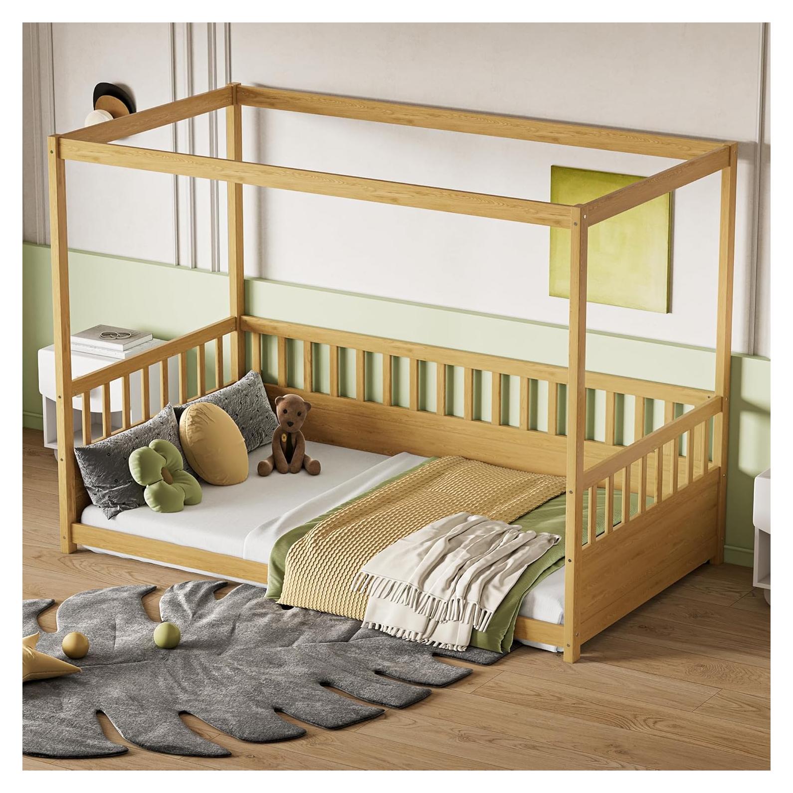 Cama Montessori Twin KEIKI con Dosel de Madera Natural