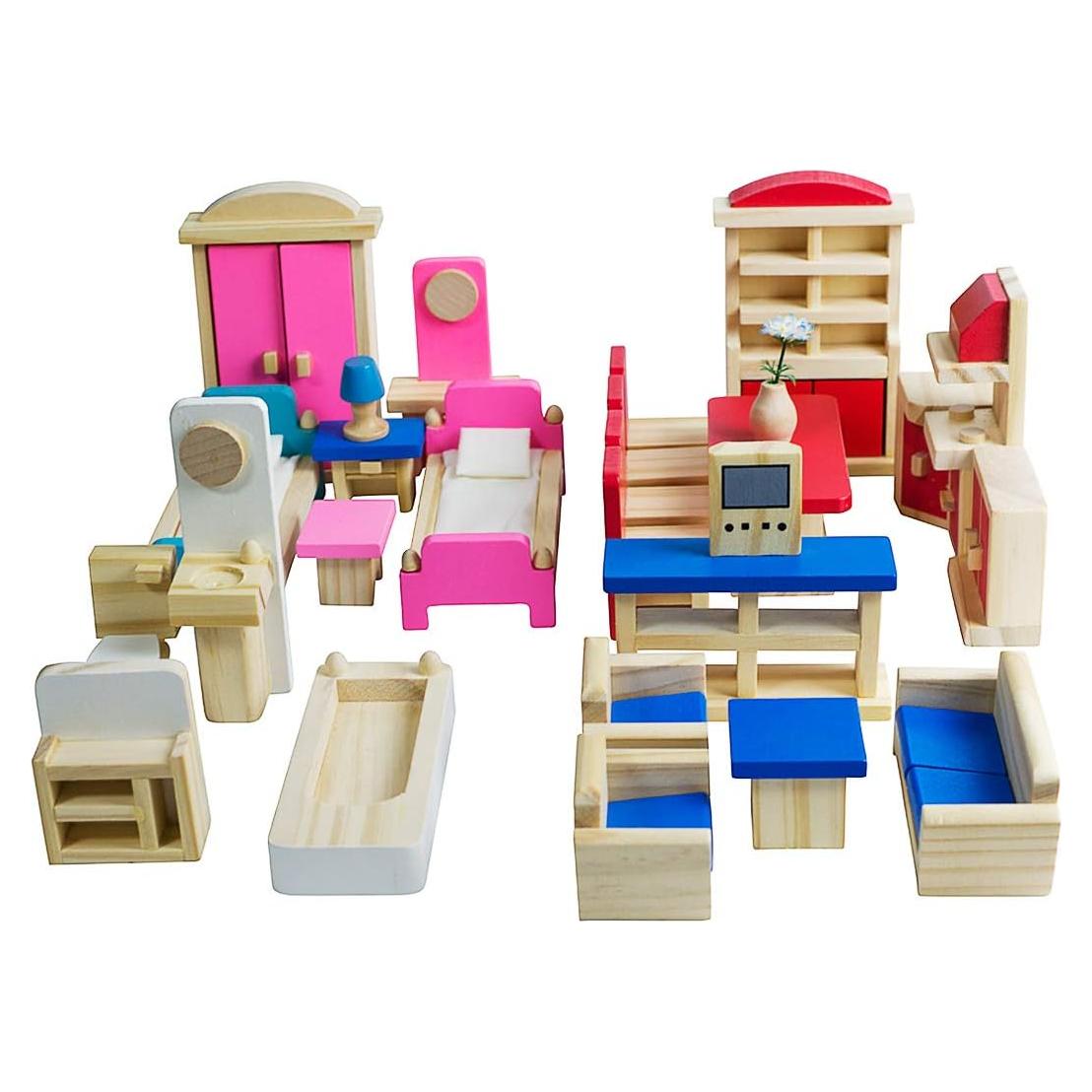 Muebles de Casa de Muñecas Seanmi - 35 Piezas, Madera, 5 Juegos