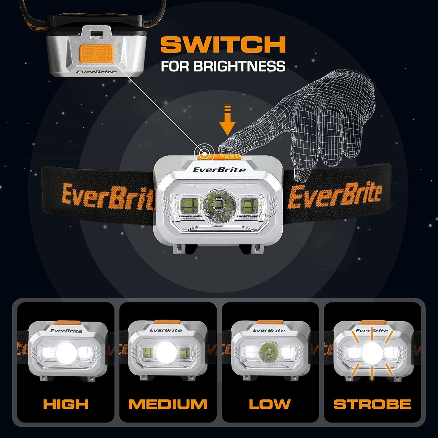 Linterna Frontal LED EverBrite, 4 Modos, Resistente al Agua IPX4