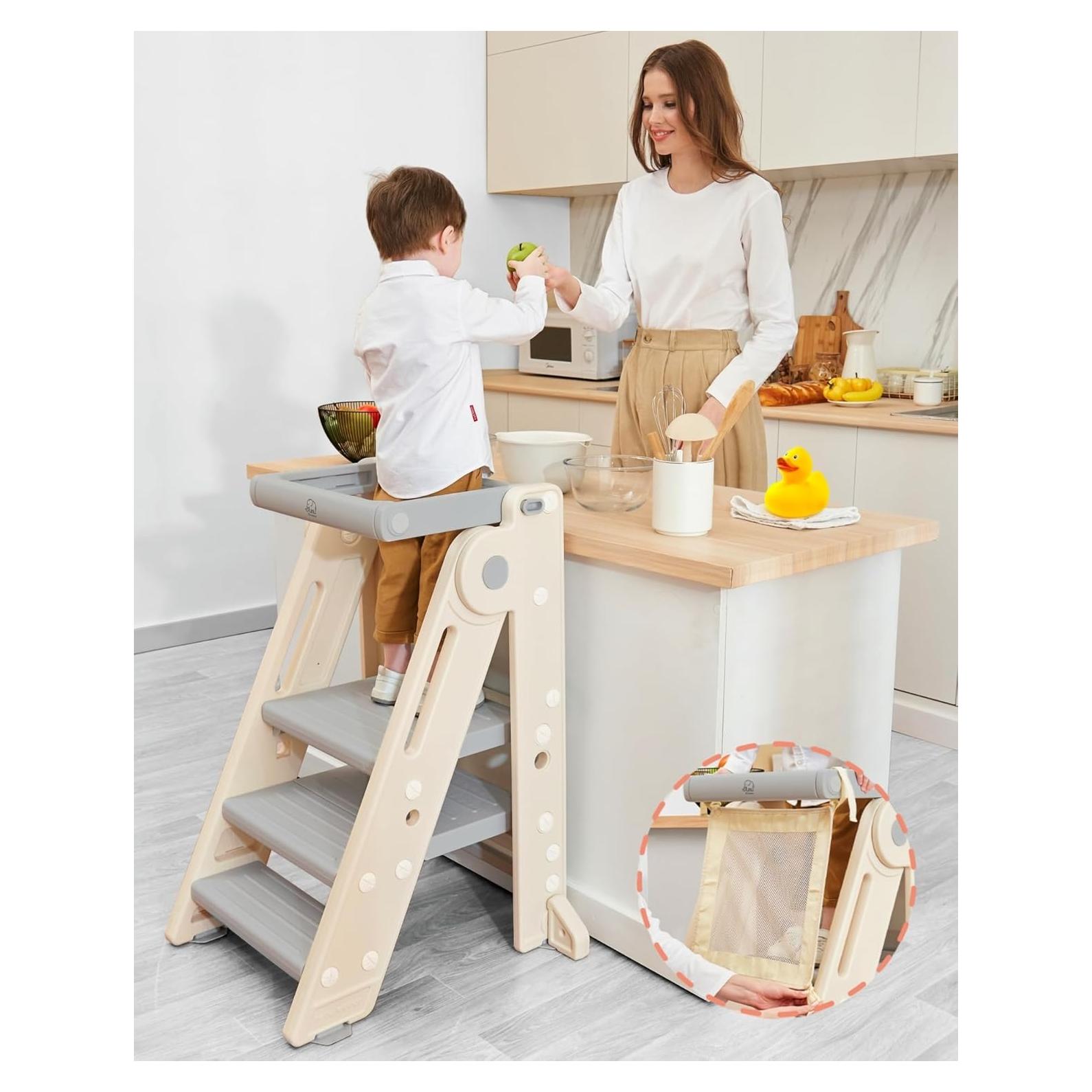 Torre Plegable para Niños Forbena, Taburete Ajustable Gris
