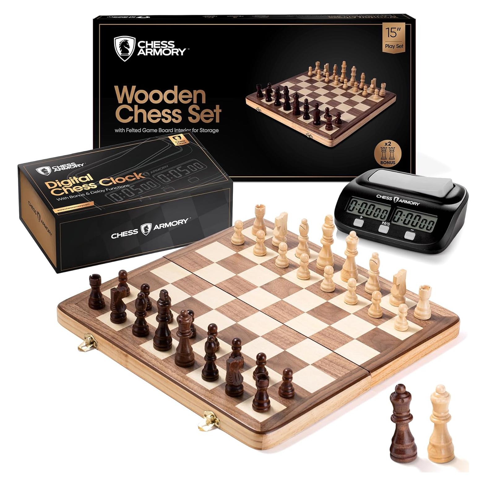 Conjunto de Ajedrez de Madera 38 cm con Reloj Chess Armory