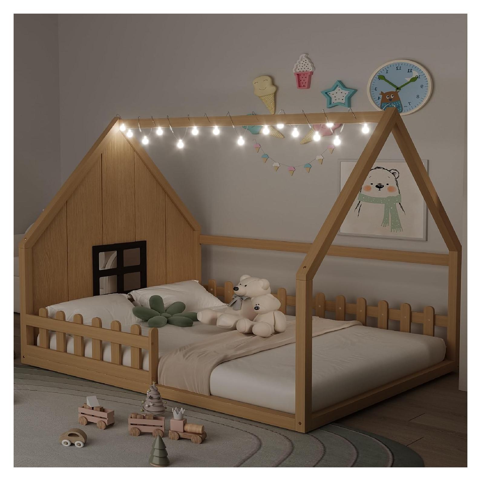 Cama Montessori Completa Merax con Luz LED y Cerca de Madera