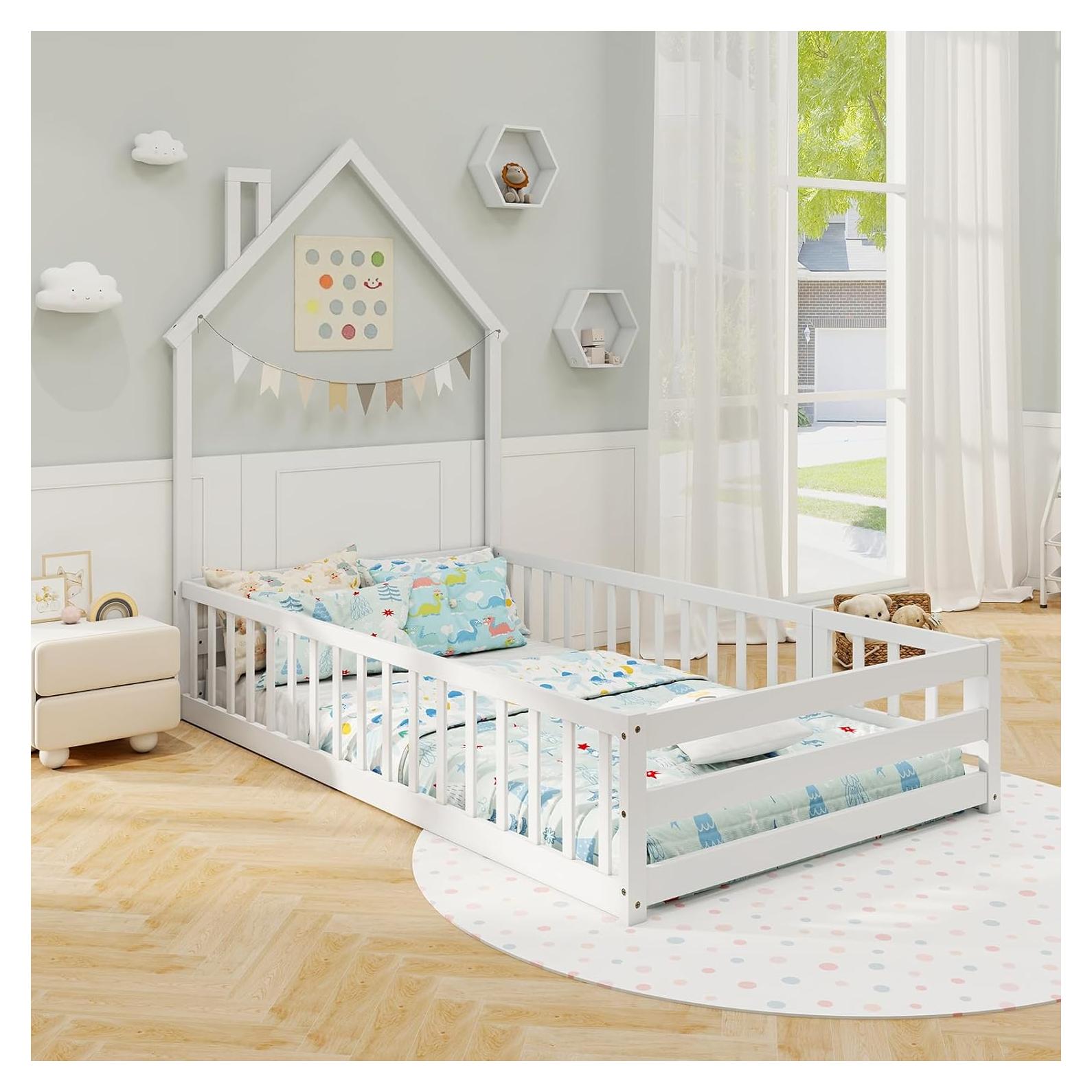 Cama Twin Montessori GORELAX en el Suelo con Cerca de Seguridad
