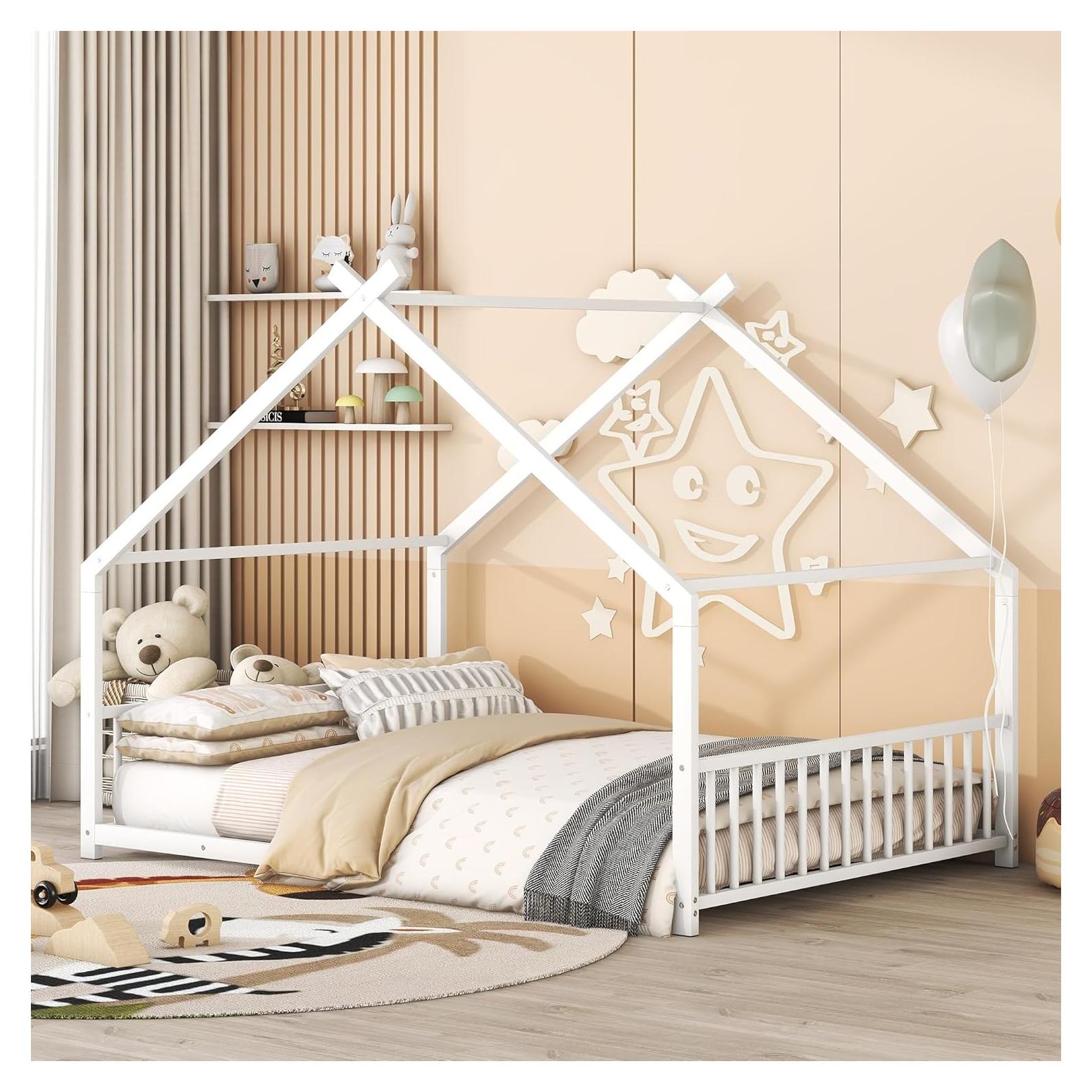 Cama de Piso Twin PVWIIK con Techo y Cabecera Blanca