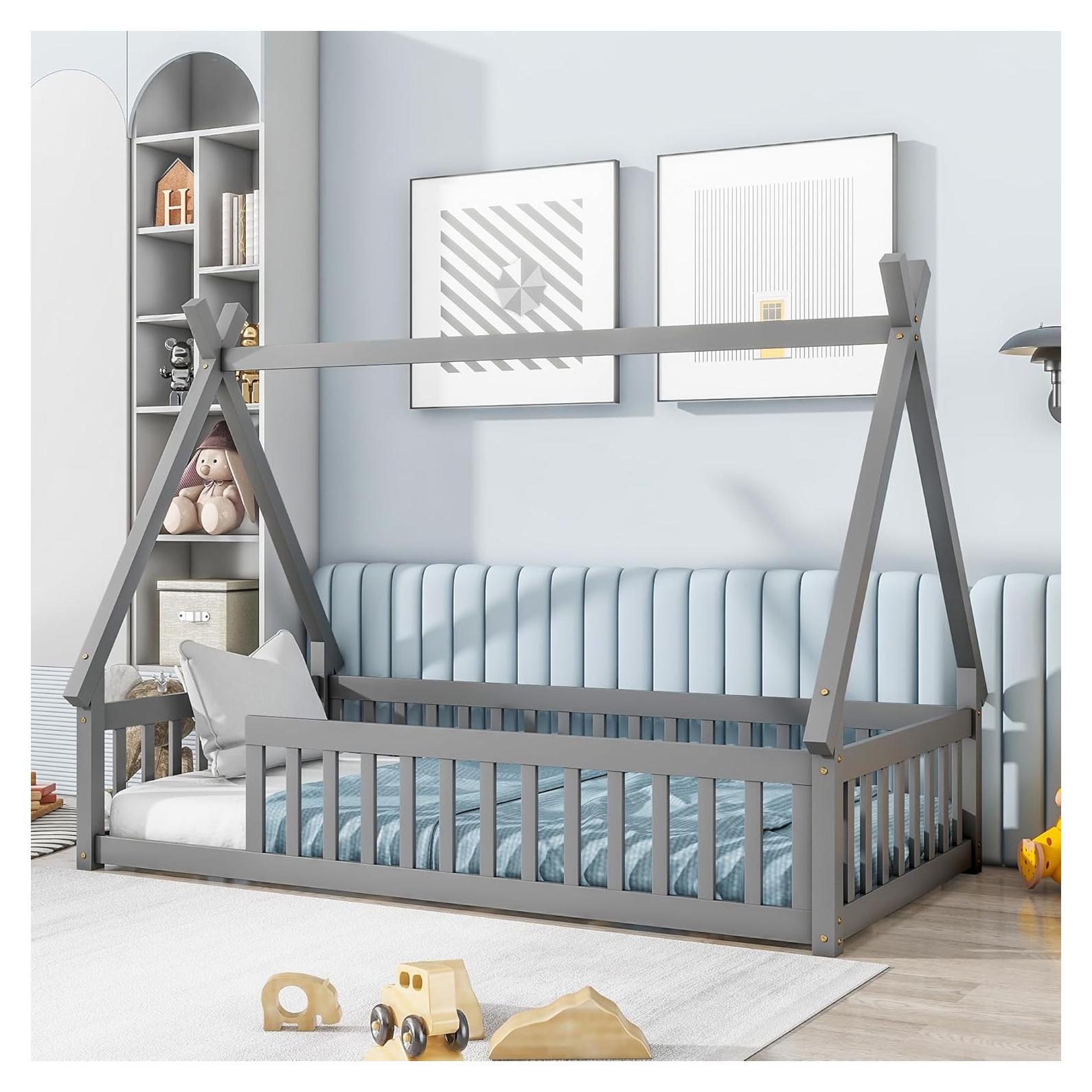 Cama de Piso Twin Bellemave Montessori con Cerca Gris