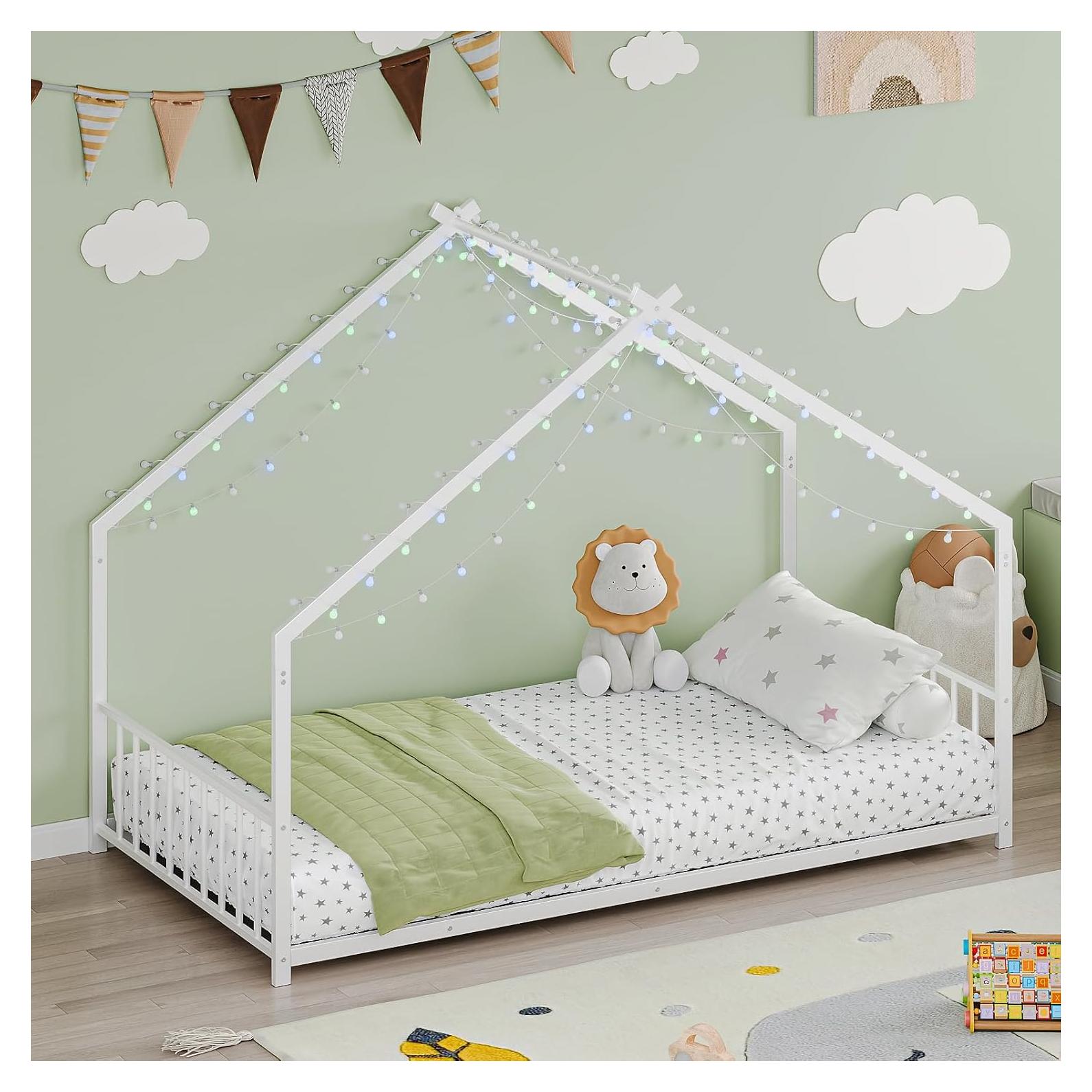 Cama de Piso Twin Zyerch con Luz LED y Techo para Niños