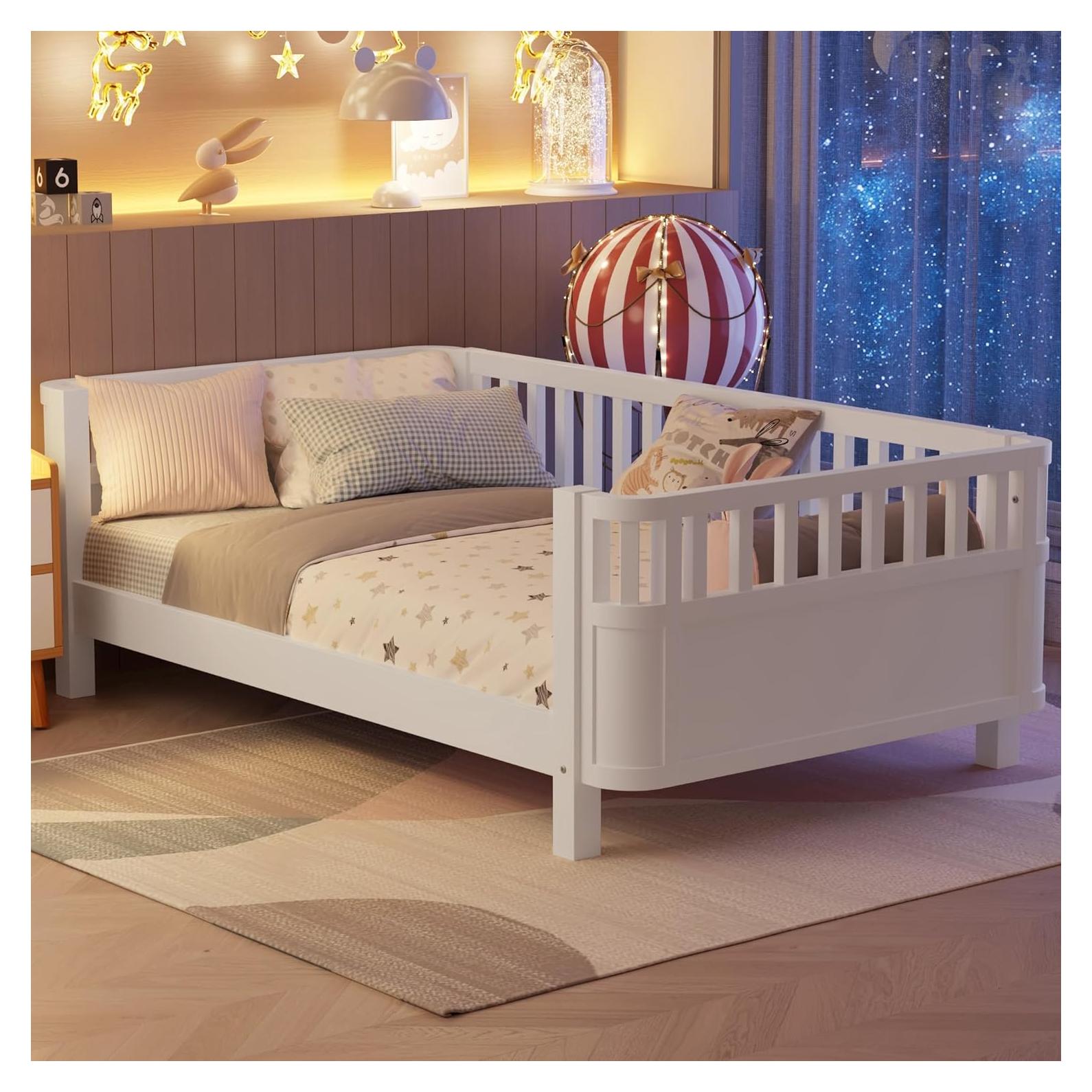 Cama Montessori Twin OYUMOENTS Blanca con Barandillas y Sin Chirridos
