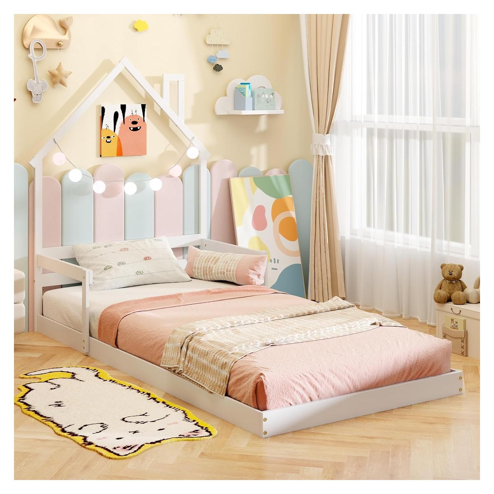 Cama de Piso Twin KOMFOTT en Forma de Casa con Barandillas