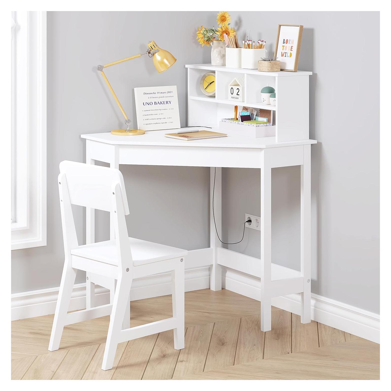 Escritorio y Silla para Niños UTEX en Esquina, Blanco, Almacenamiento