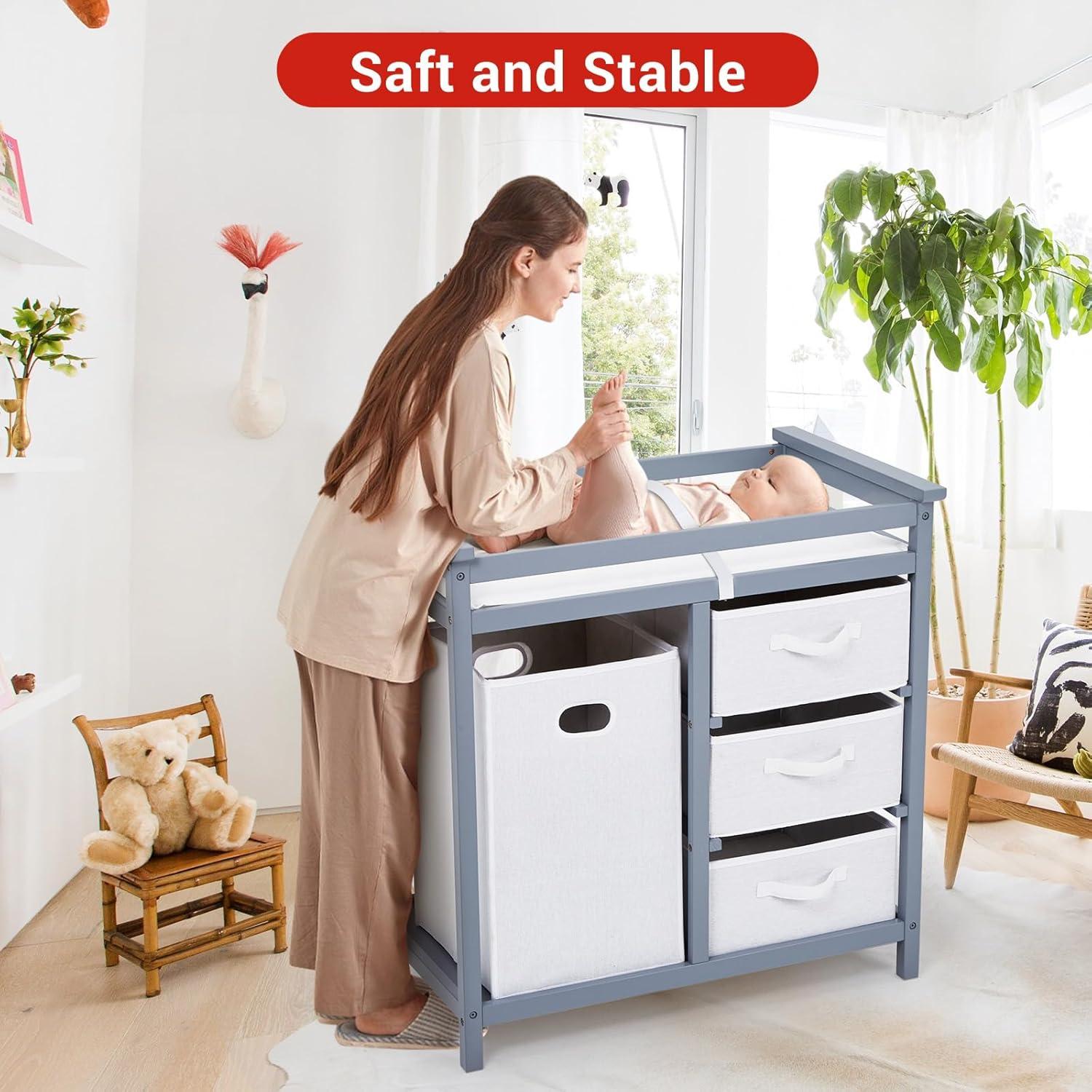 Mesa de Cambio de Bebé GarveeLife de Madera con 3 Cestas