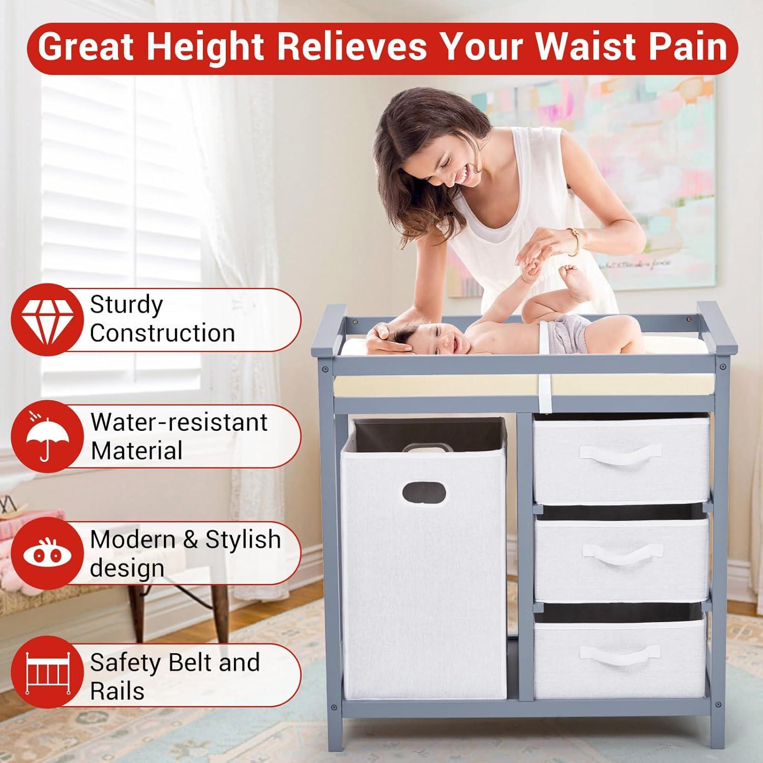 Mesa de Cambio de Bebé GarveeLife de Madera con 3 Cestas