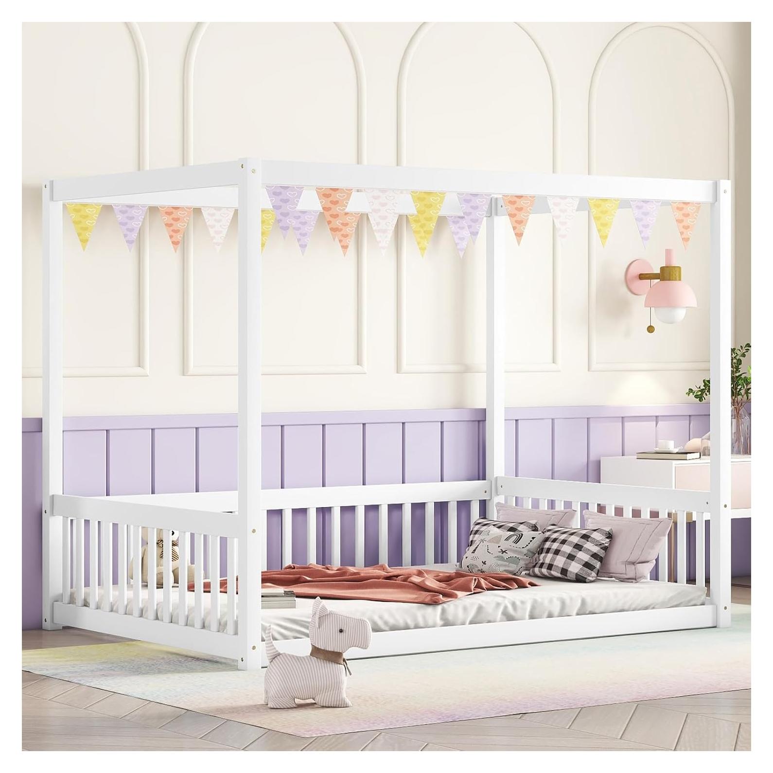 Cama Canopy Completo CNANXU Blanca con Barandillas y Cerca