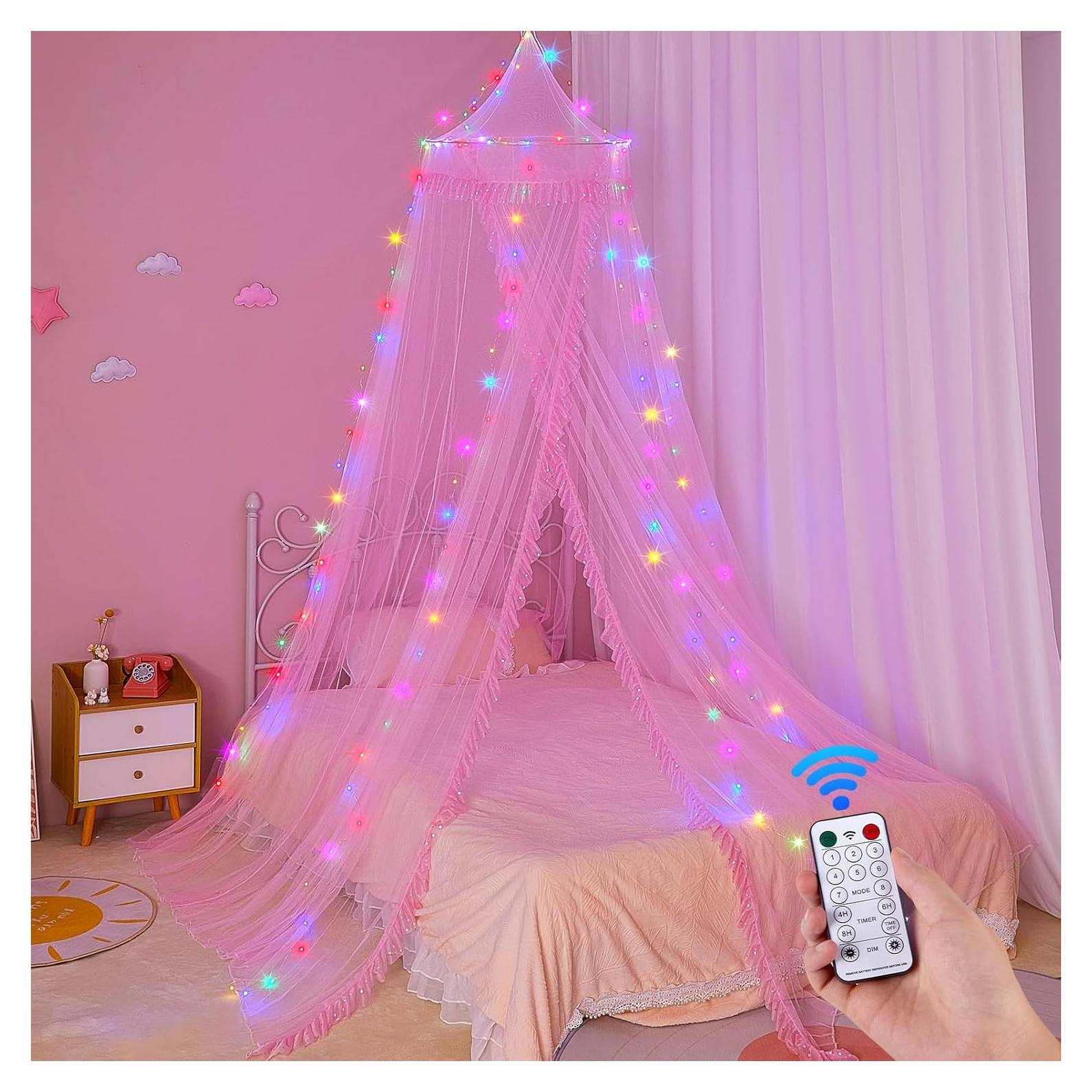 Dosel de Cama Unicornio Rosa con Luces LED y Temporizador