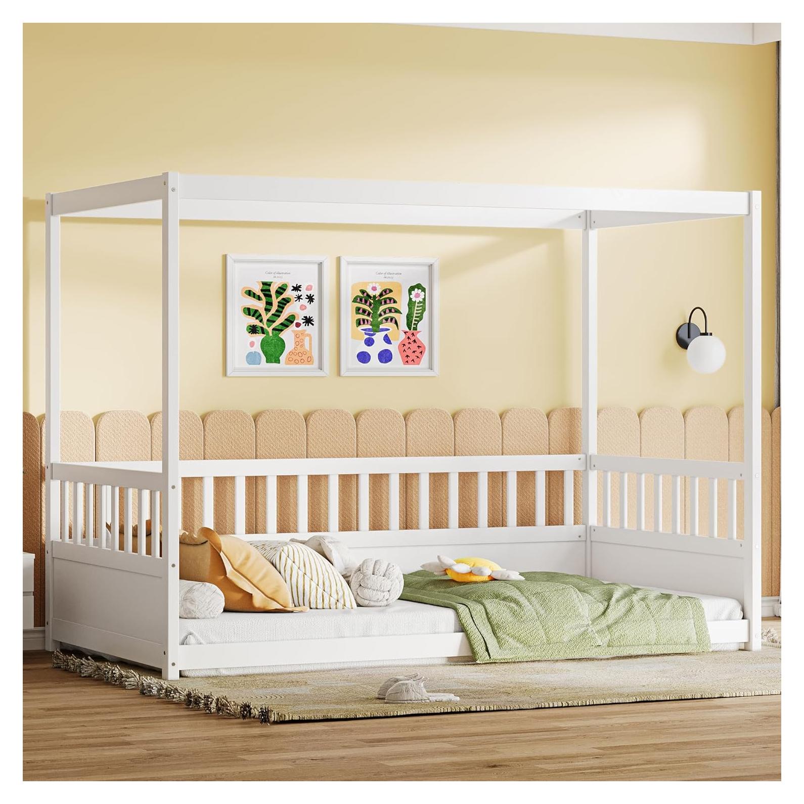 Cama Montessori Twin Ball & Cast con Dosel y Barandillas Blancas