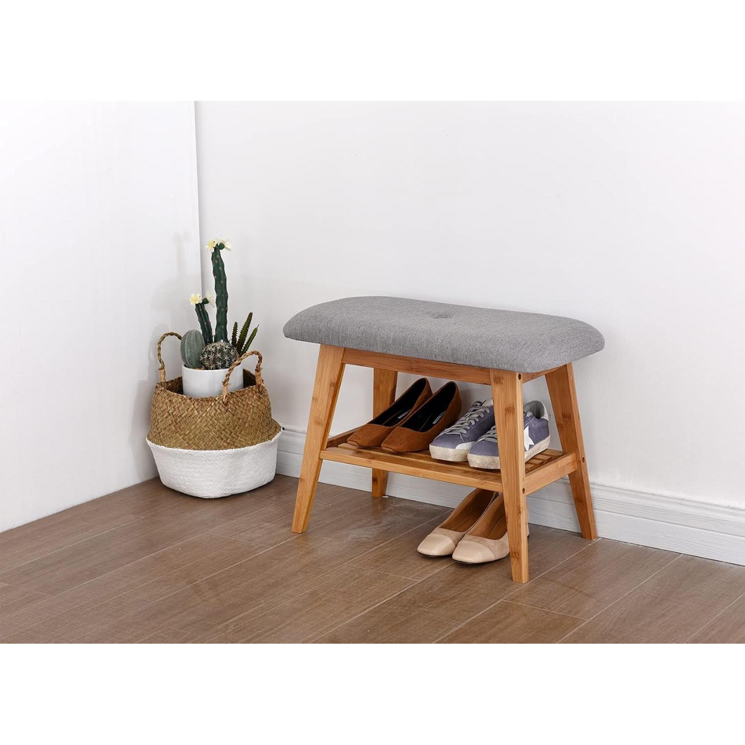 Banco para Zapatos SOBIBO de Bambú Natural 60 cm con Cojín