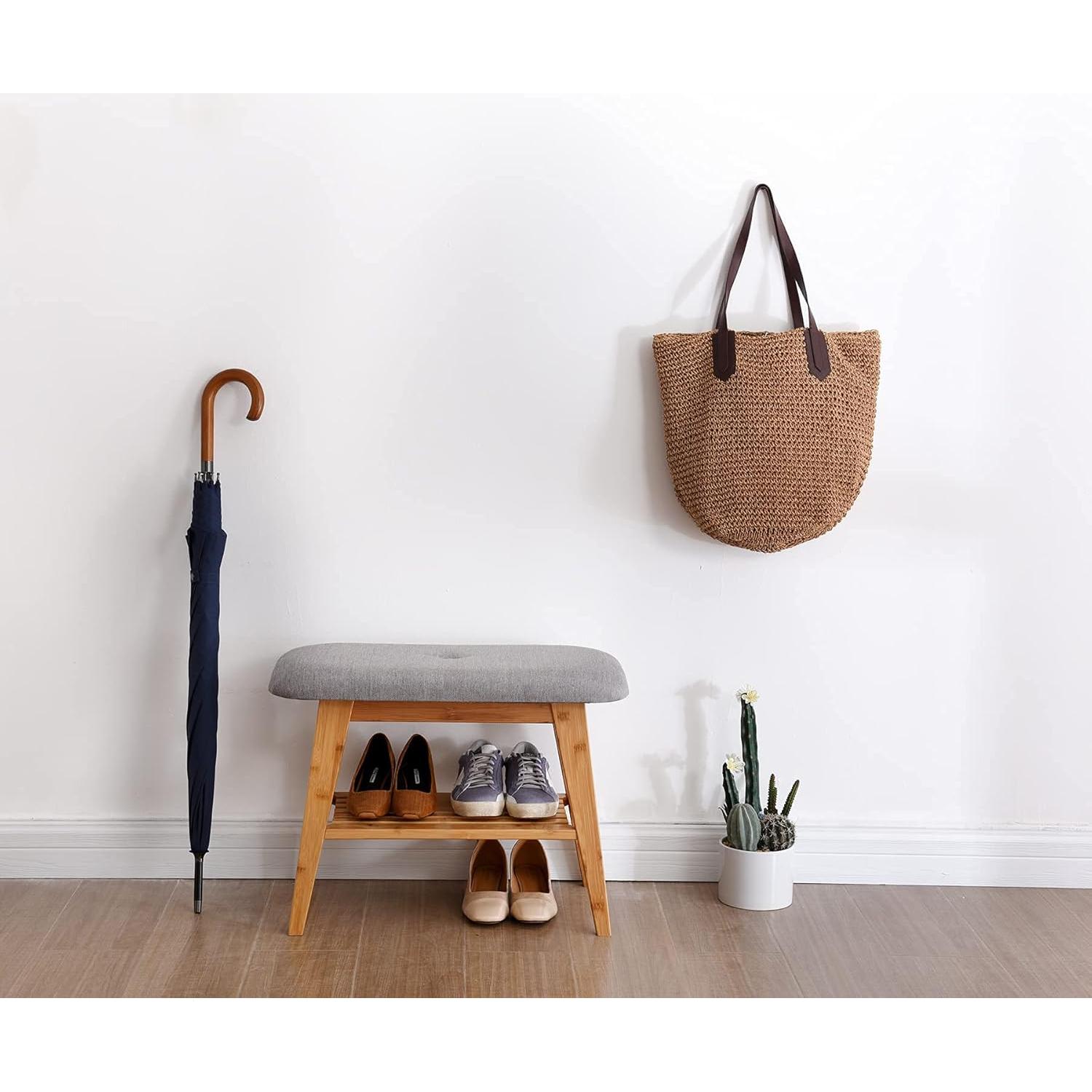 Banco para Zapatos SOBIBO de Bambú Natural 60 cm con Cojín