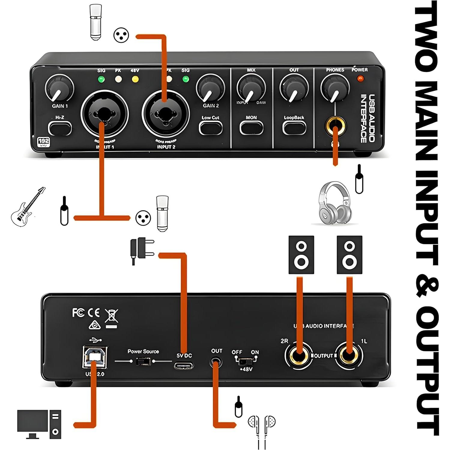 Interfaz de Audio USB MD-22 24Bit 192kHz 2x2 con Phantom