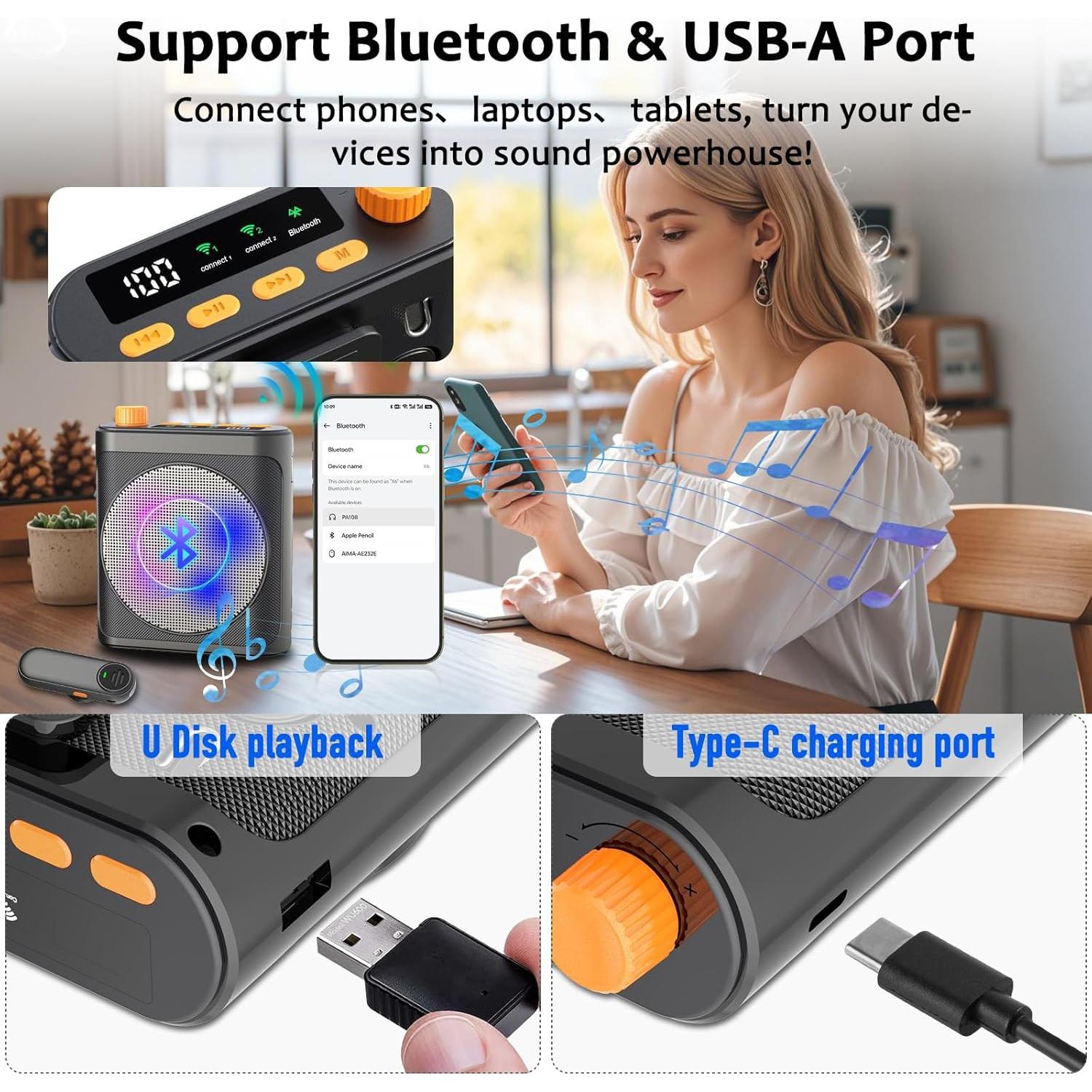 Amplificador de Voz Inalámbrico Bluetooth con 2 Micrófonos - Negro