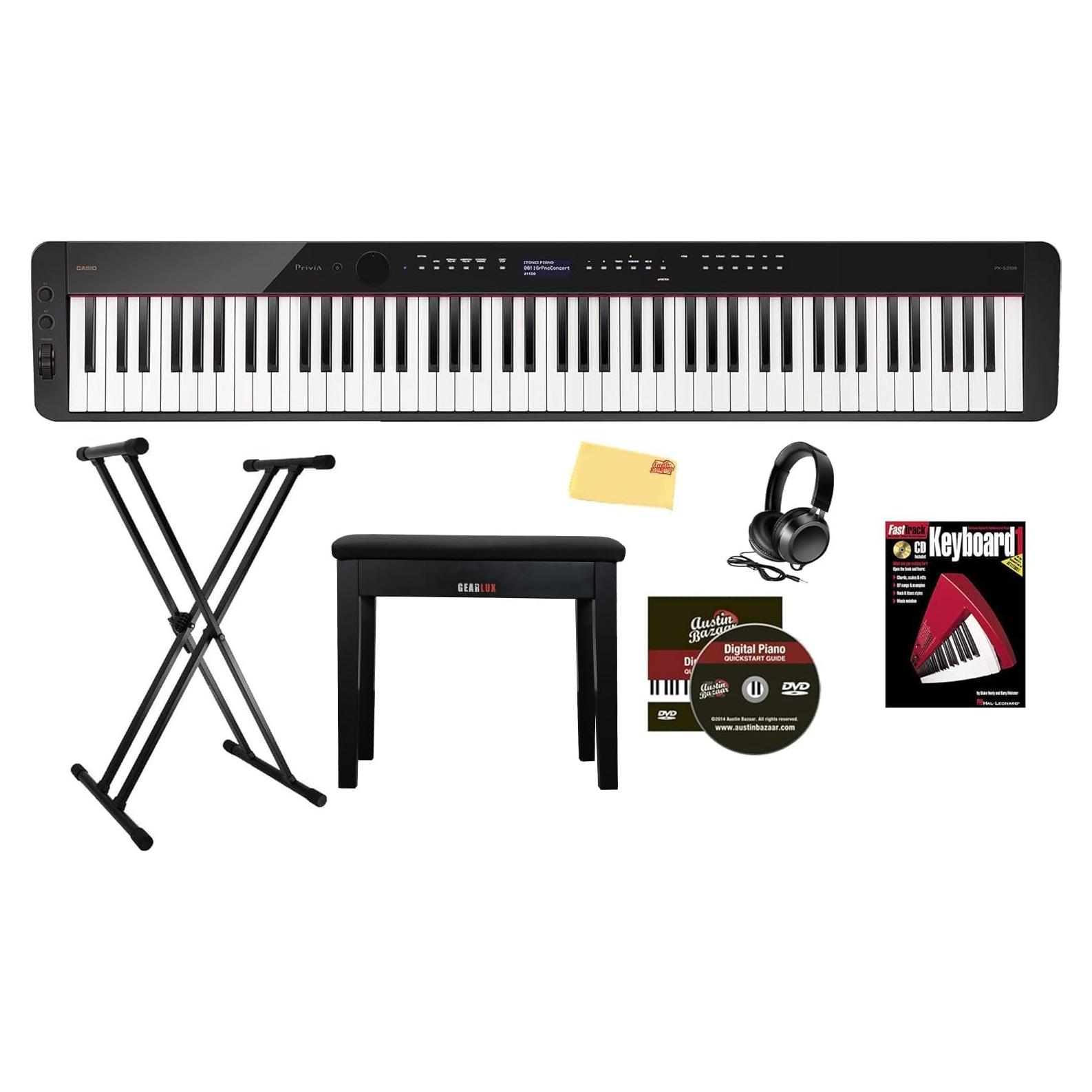Casio Privia PX-S3100 Digital Piano - Black Bundle with Adjustable Stand, Bench, Headphones, Instructional Book, Online Lessons, Instructional DVD, and Austin Bazaar Polishing Cloth