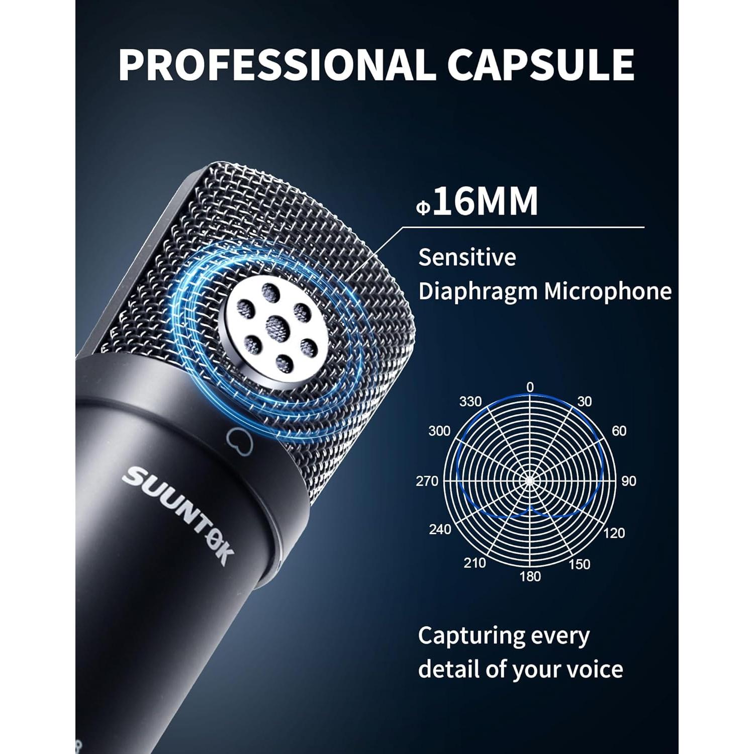 XLR Condenser Microphone Recording Microphone for PC Computer Home Studio Cardioid Podcast Mic Kit for Streaming, ASMR, YouTube, Voice-Over, Gaming, Vocal (Black)